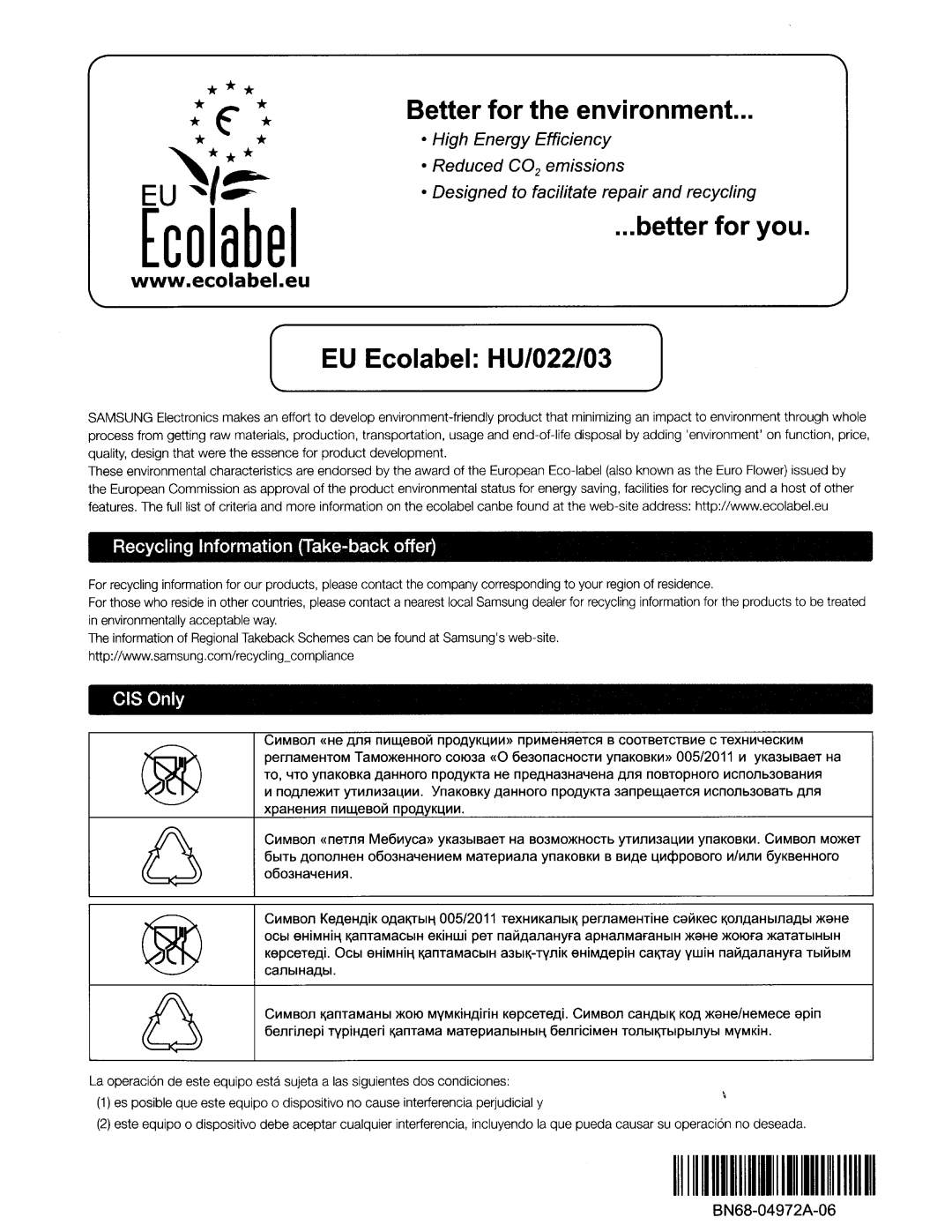 Samsung UN55HU7250 manual Eui~ 