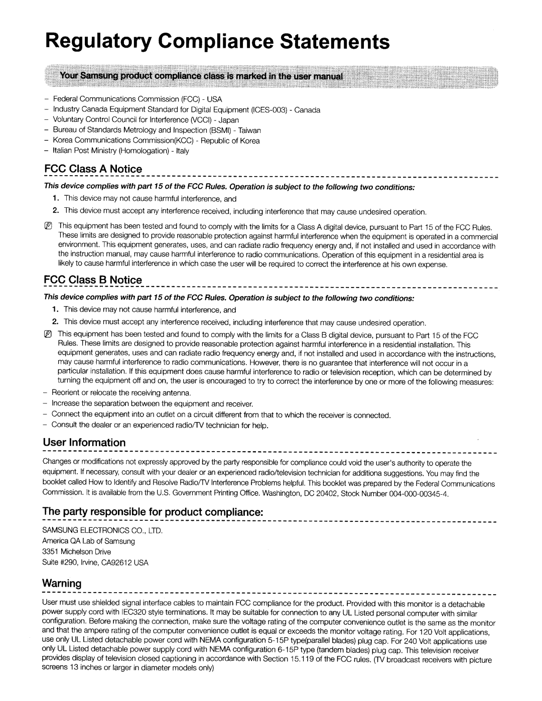 Samsung UN55HU7250 manual Regulatory Compliance Statements 