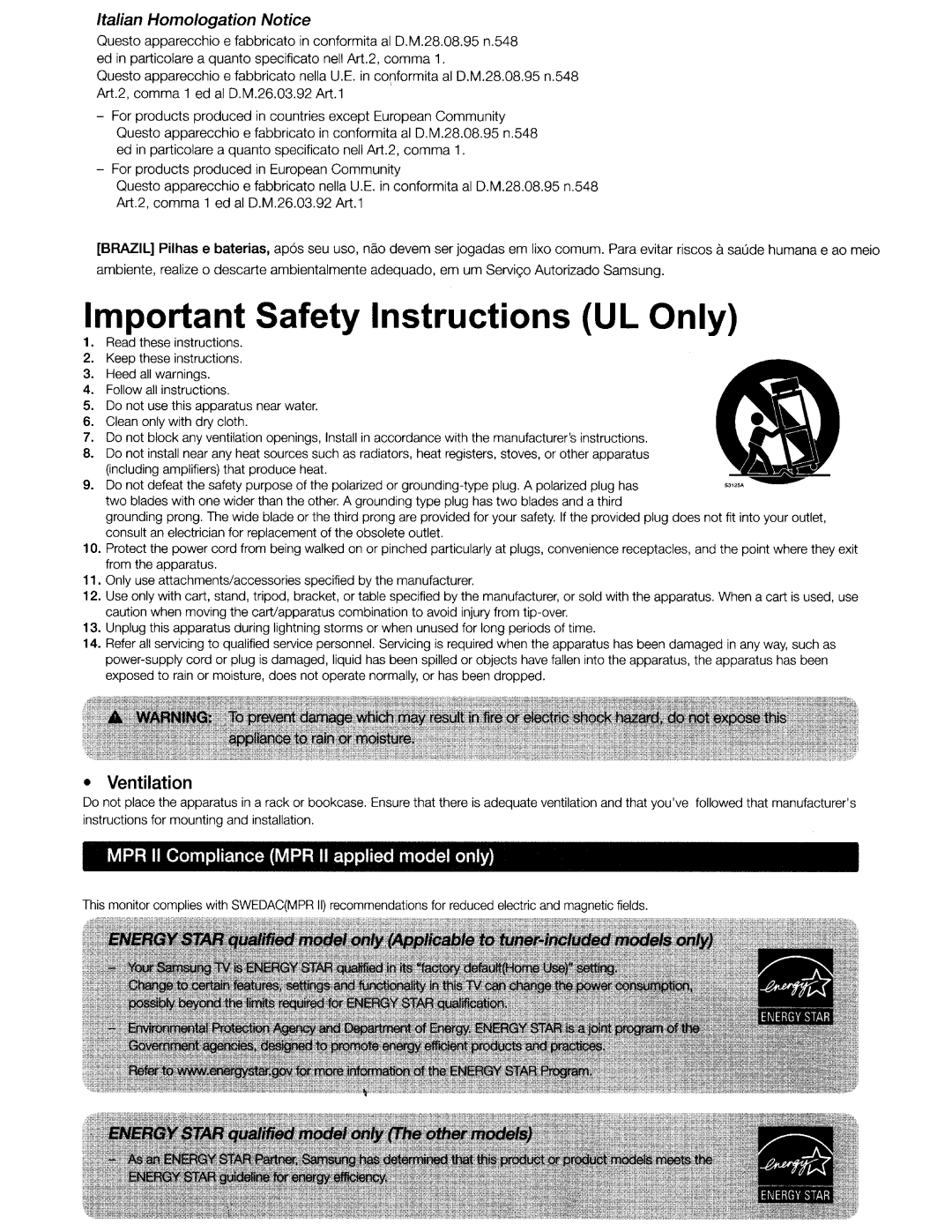 Samsung UN55HU7250 manual Important Safety Instructions UL Only 