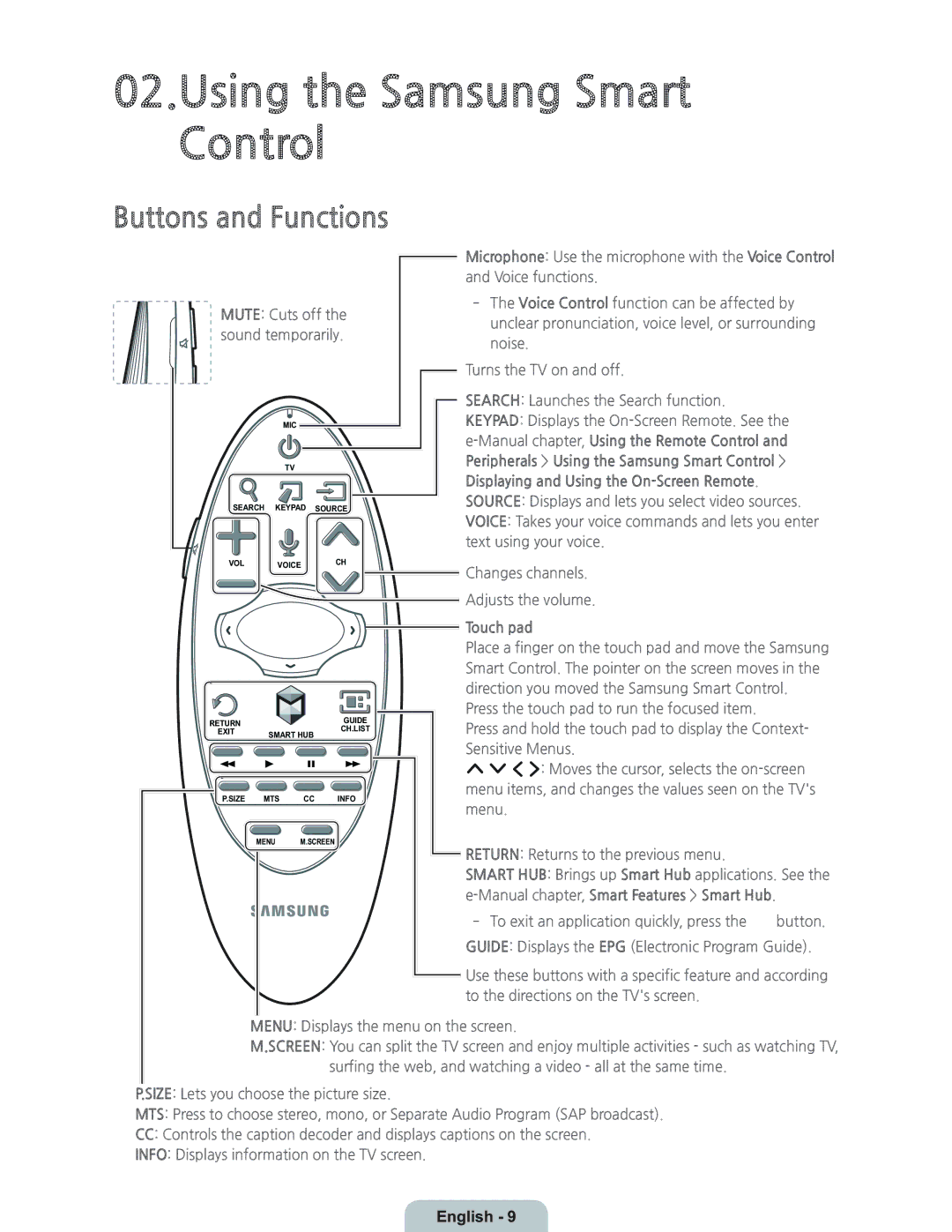 Samsung UN55HU7250 manual Buttons and Functions, Touch pad 