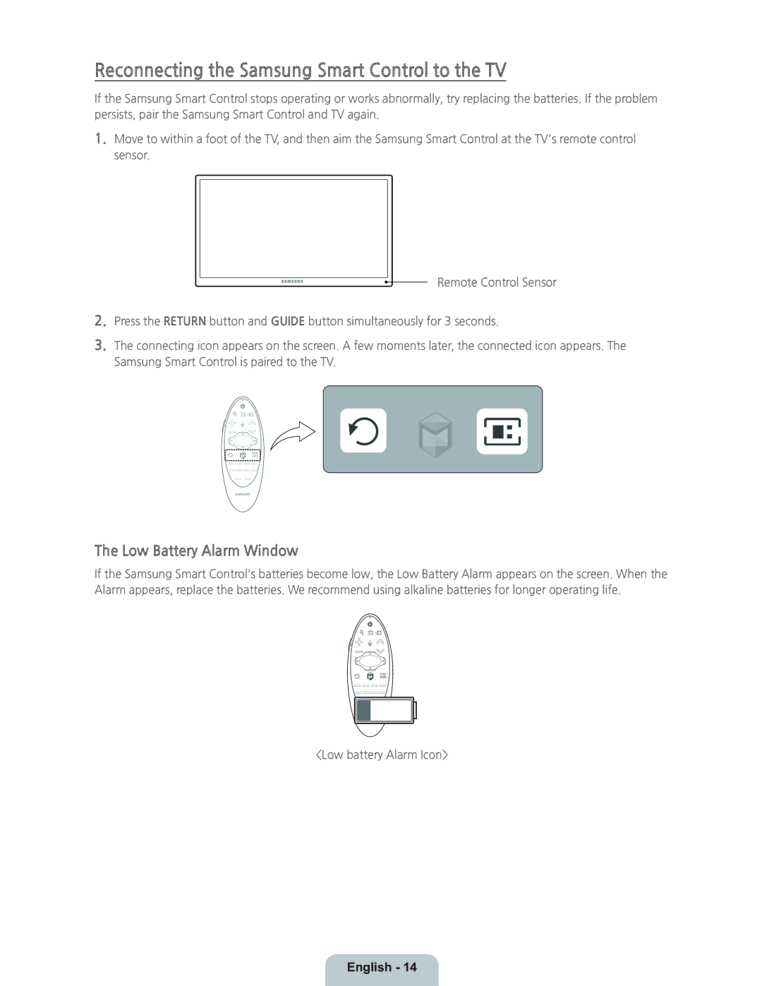 Samsung UN55HU8550 manual Reconnecting the Samsung Smart Control to the TV, Low Battery Alarm Window 