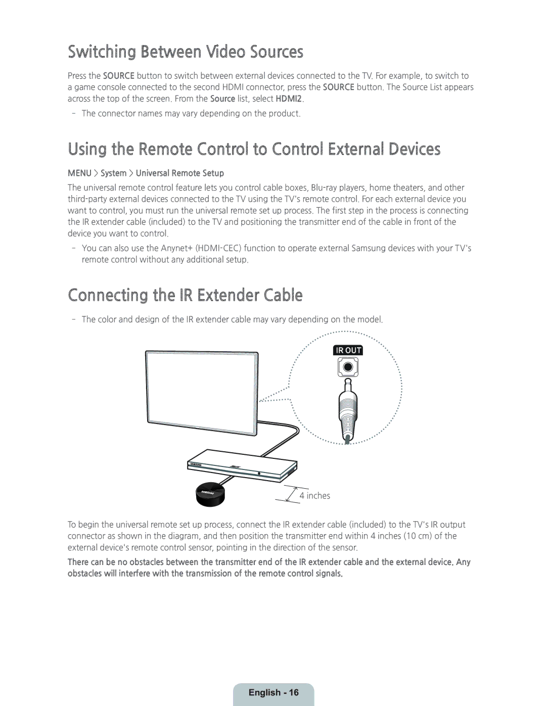 Samsung UN55HU8550 manual Switching Between Video Sources, Using the Remote Control to Control External Devices 