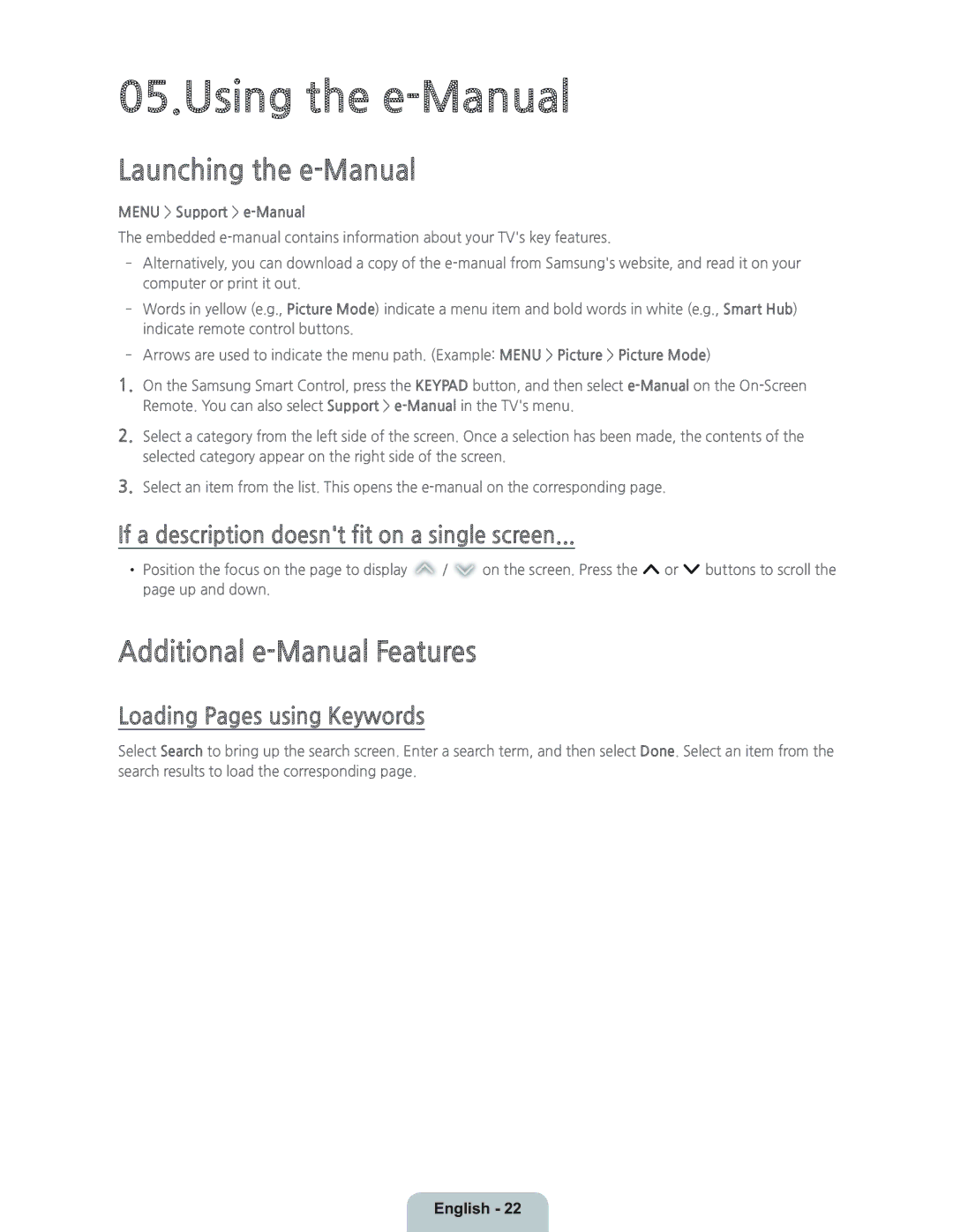 Samsung UN55HU8550 Using the e-Manual, Launching the e-Manual, Additional e-Manual Features, Loading Pages using Keywords 