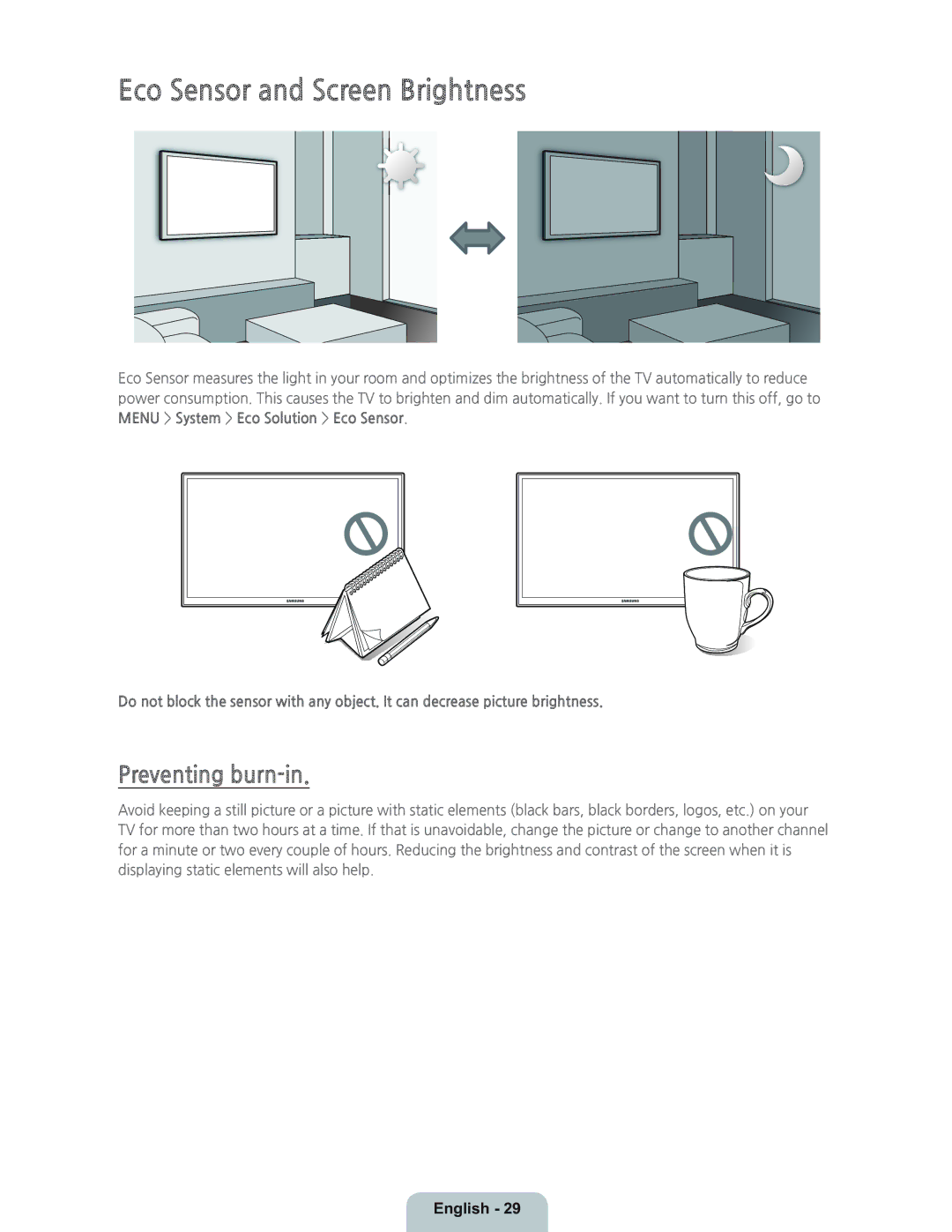 Samsung UN55HU8550 manual Eco Sensor and Screen Brightness, Preventing burn-in 