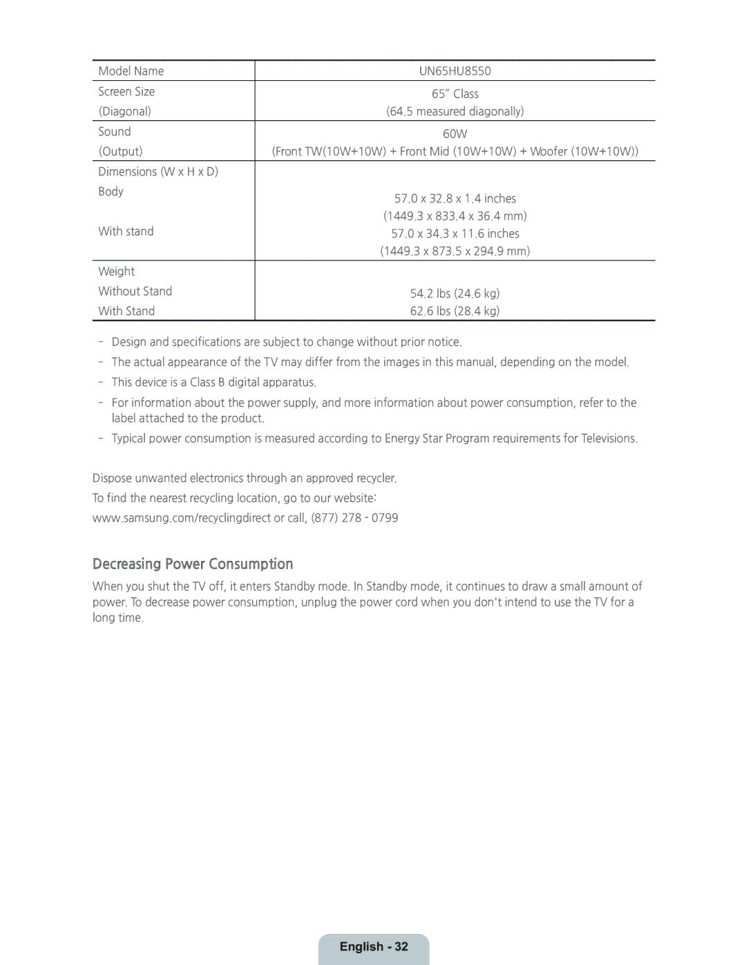 Samsung UN55HU8550 manual Decreasing Power Consumption 