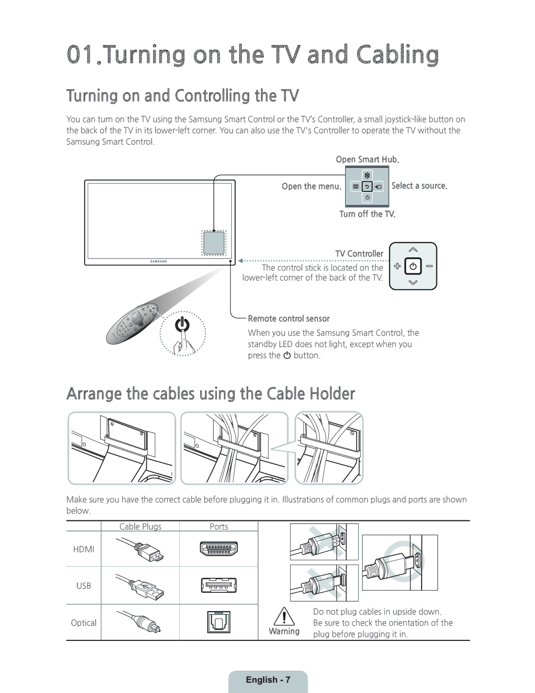 Samsung UN55HU8550 manual Turning on the TV and Cabling, Turning on and Controlling the TV 