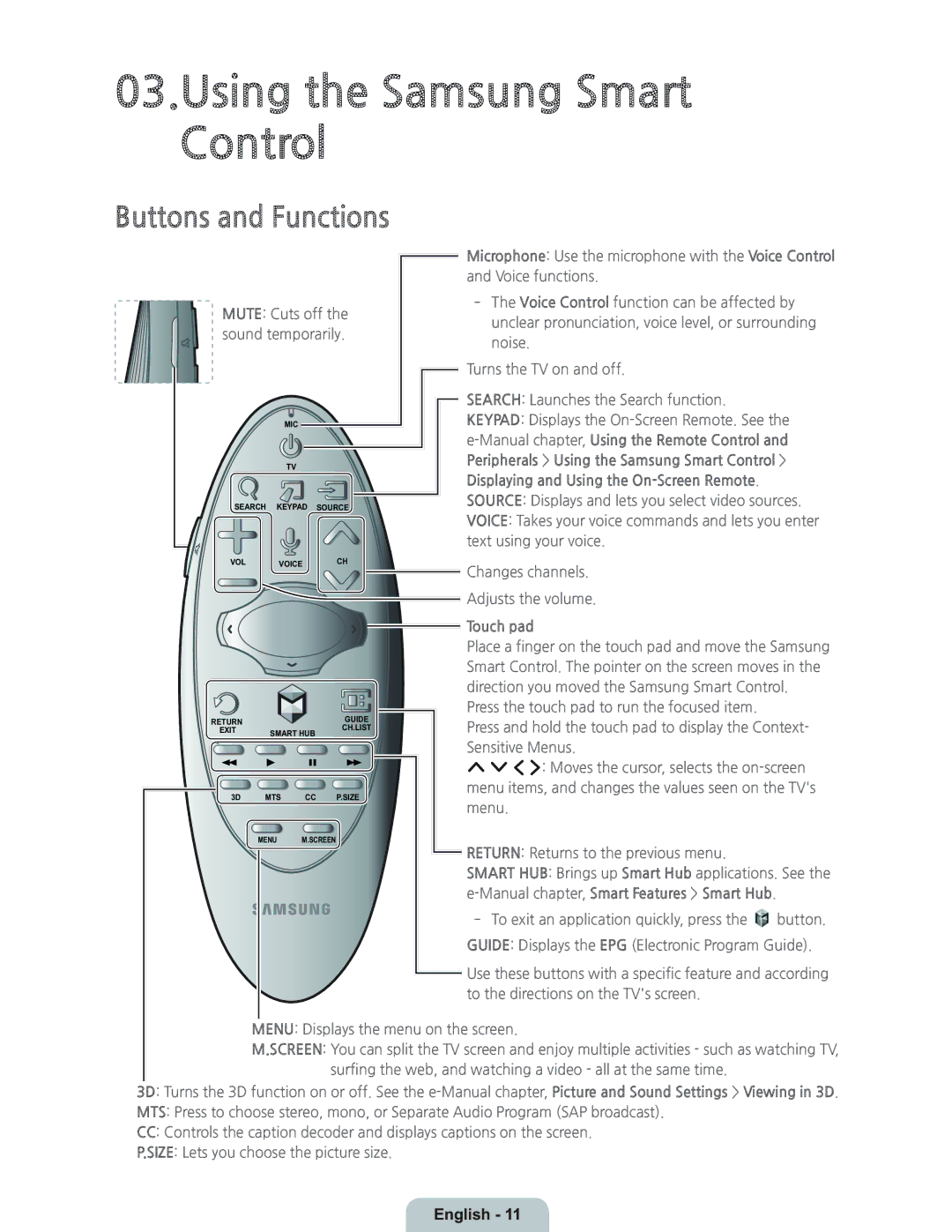 Samsung UN55HU8700 manual Buttons and Functions, Touch pad 