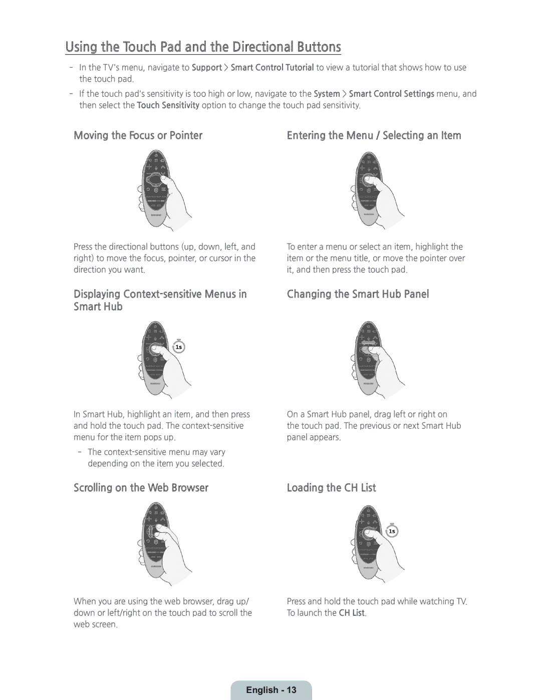 Samsung UN55HU8700 manual Using the Touch Pad and the Directional Buttons, Moving the Focus or Pointer, Loading the CH List 