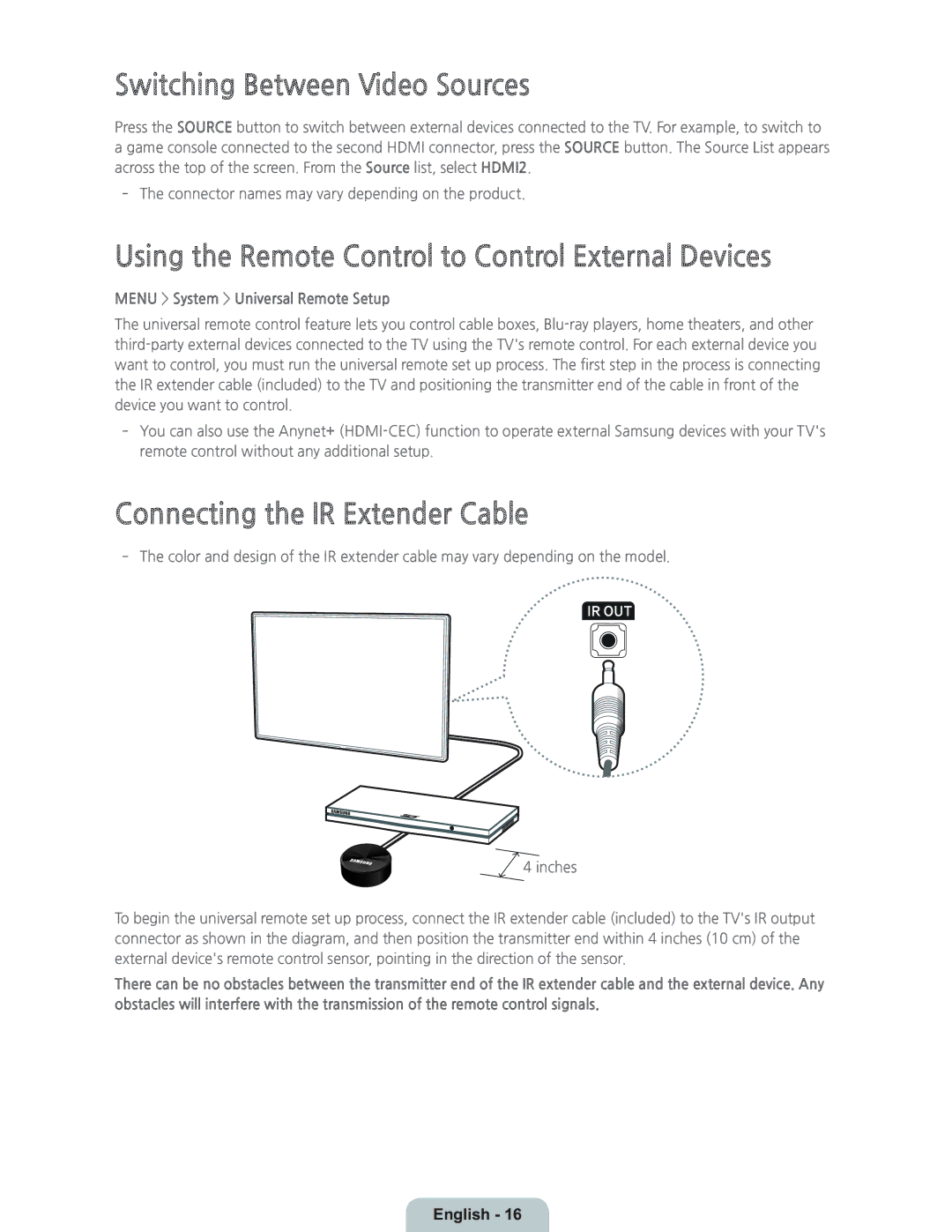 Samsung UN55HU8700 manual Switching Between Video Sources, Using the Remote Control to Control External Devices 