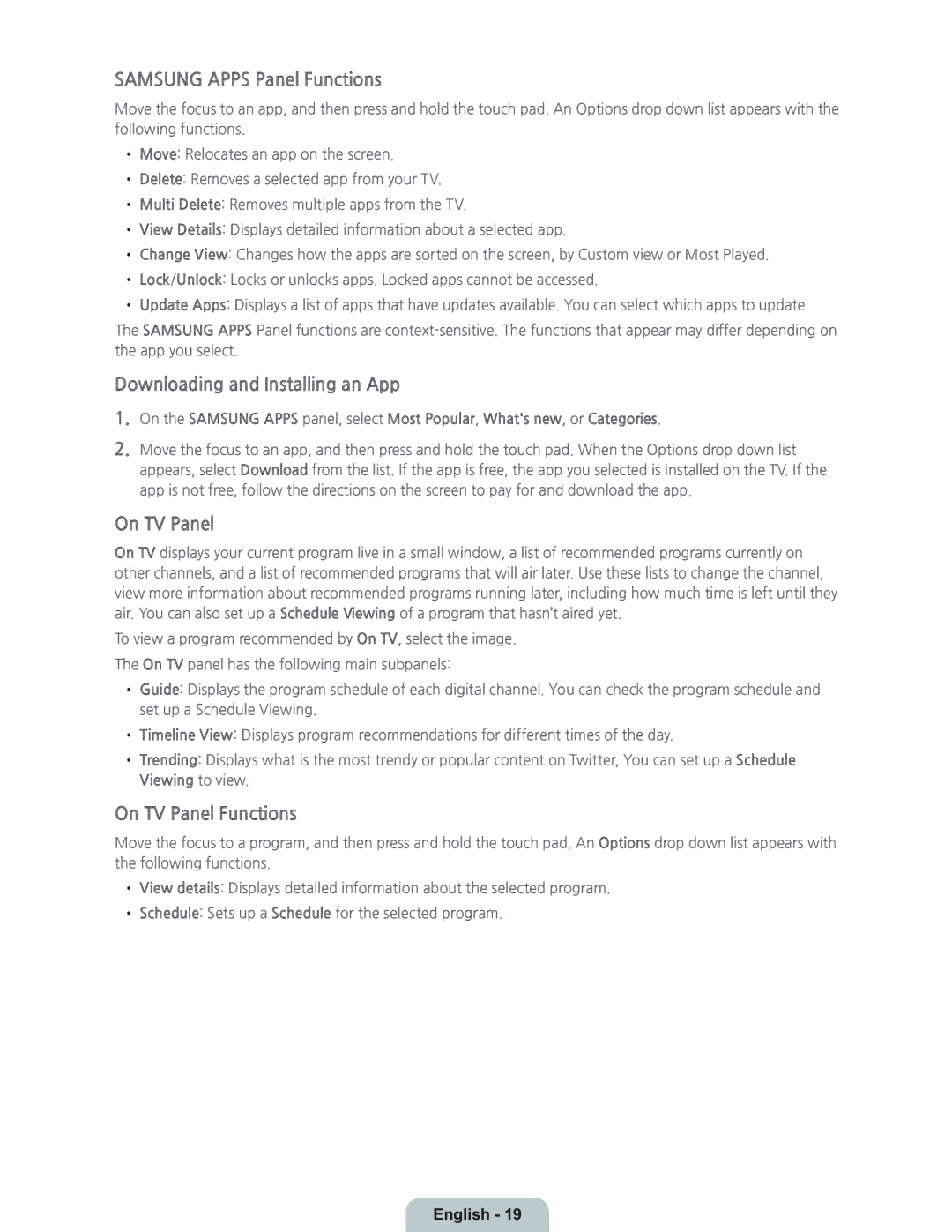 Samsung UN55HU8700 manual Samsung Apps Panel Functions, Downloading and Installing an App, On TV Panel Functions 