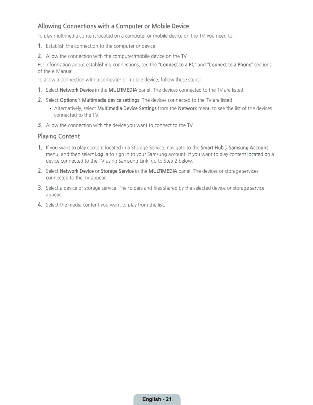 Samsung UN55HU8700 manual Allowing Connections with a Computer or Mobile Device, Playing Content 