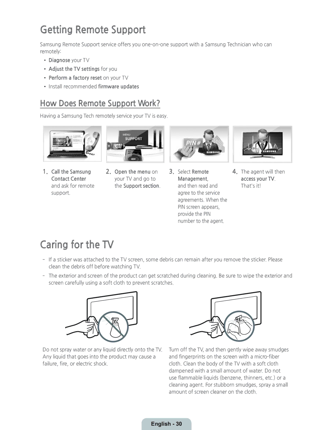 Samsung UN55HU8700 manual Getting Remote Support, Caring for the TV, How Does Remote Support Work? 