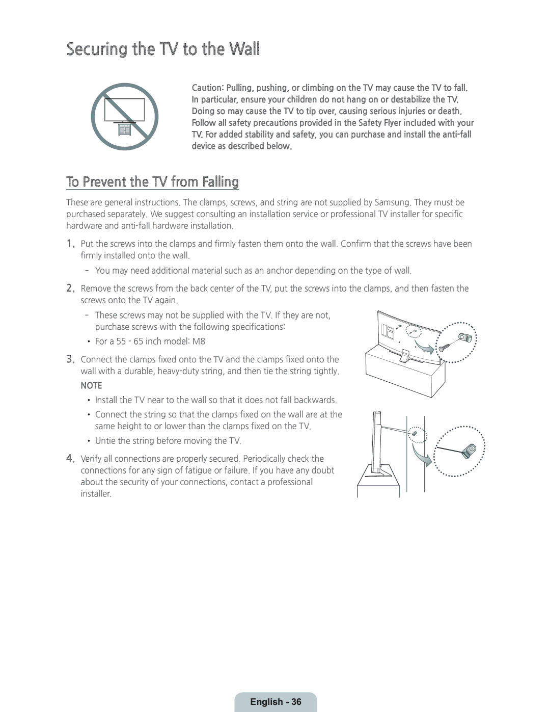 Samsung UN55HU8700 manual Securing the TV to the Wall, To Prevent the TV from Falling 