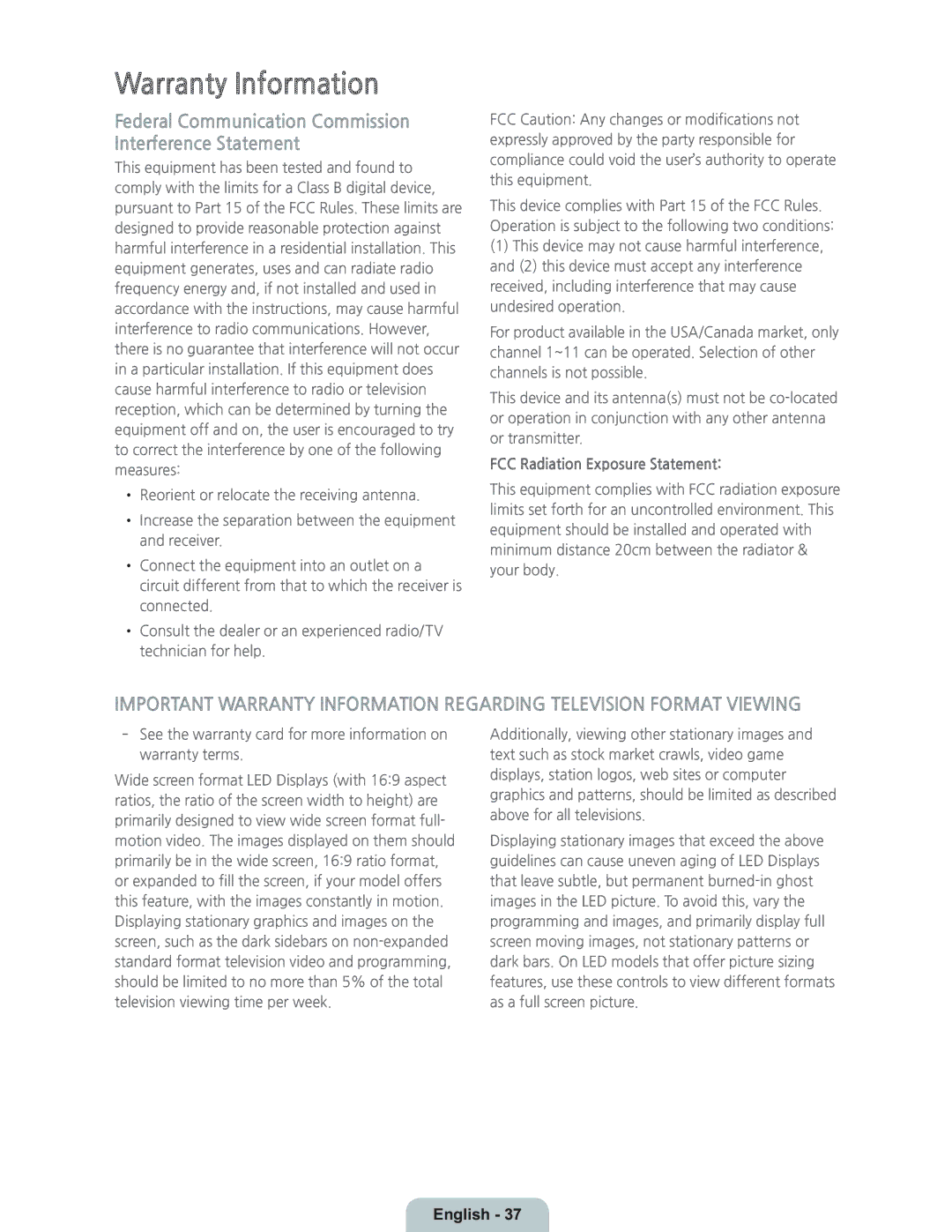 Samsung UN55HU8700 manual Warranty Information, FCC Radiation Exposure Statement 