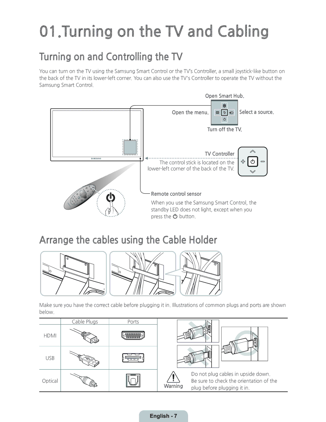 Samsung UN55HU8700 Turning on and Controlling the TV, Arrange the cables using the Cable Holder, Remote control sensor 