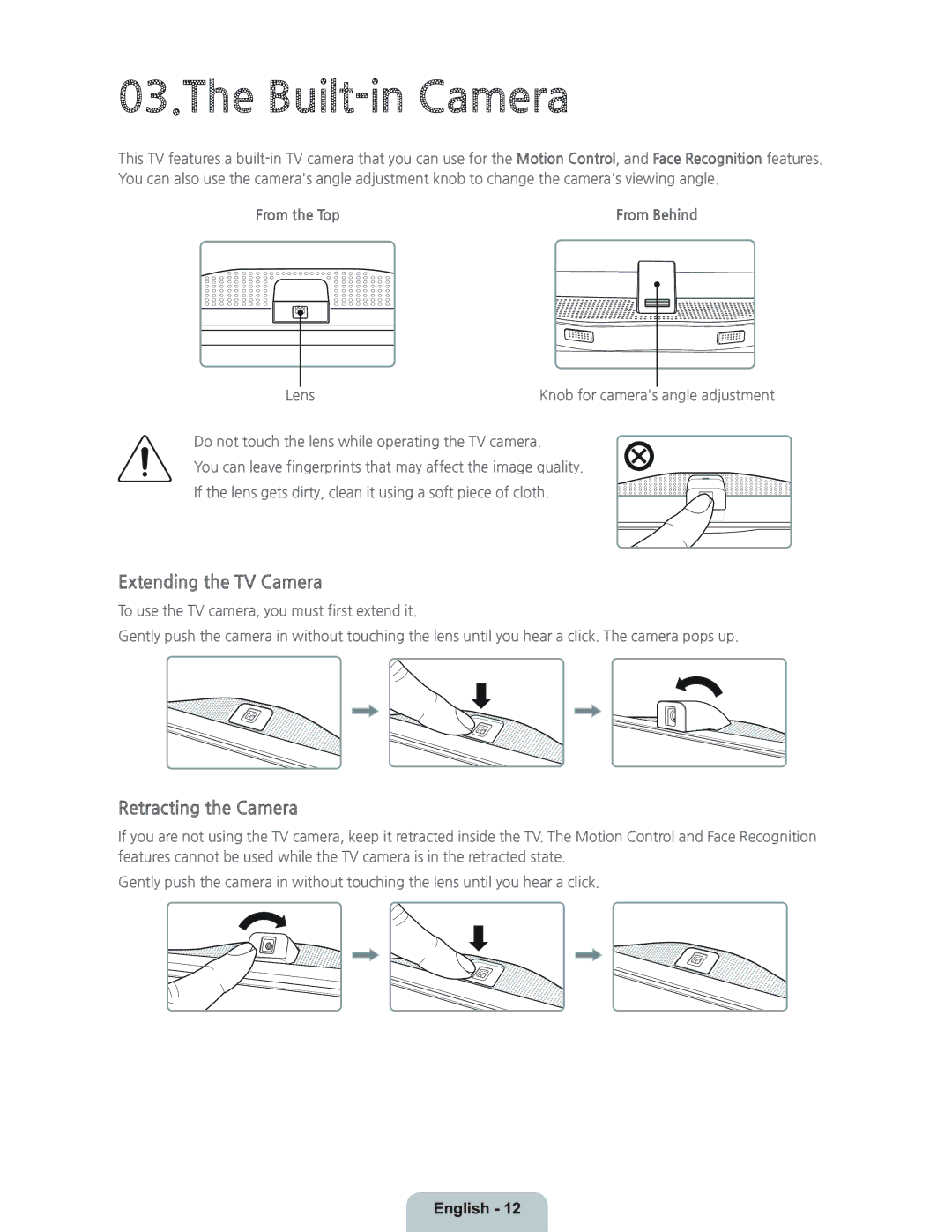 Samsung UN55HU9000 manual Built-in Camera, Extending the TV Camera, Retracting the Camera, From the Top 