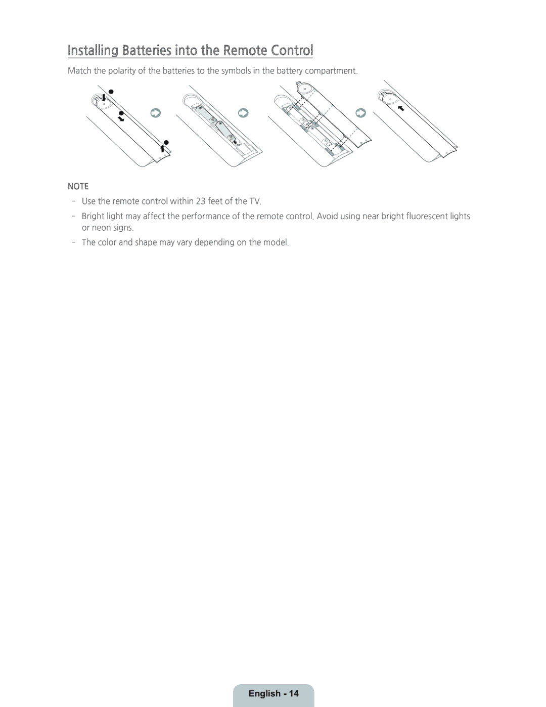 Samsung UN55HU9000 manual Installing Batteries into the Remote Control 