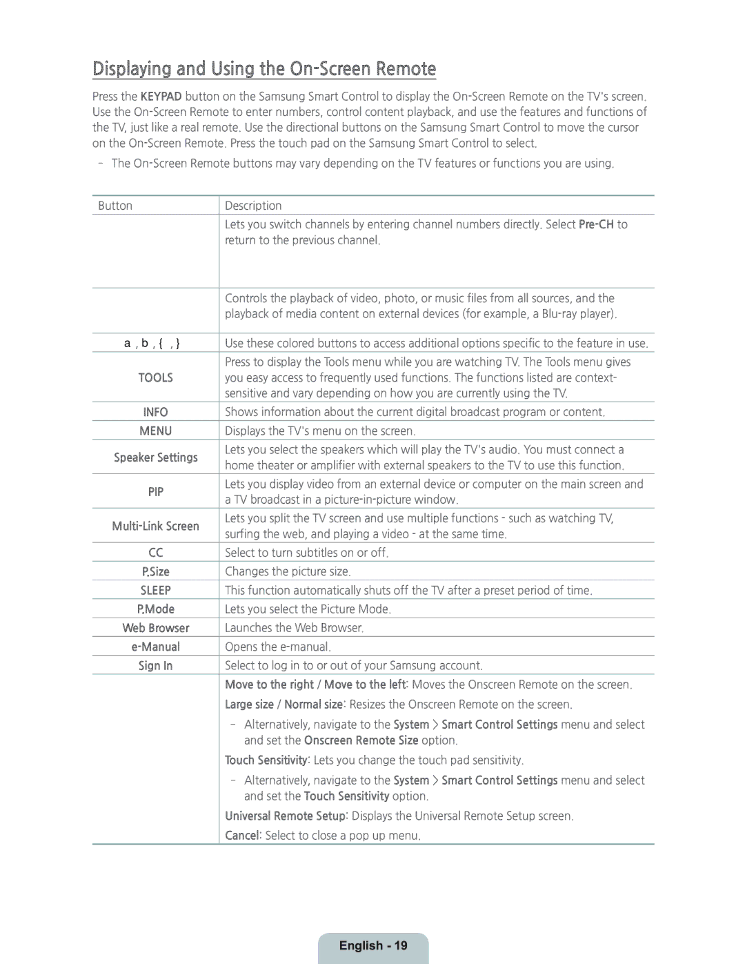 Samsung UN55HU9000 manual Displaying and Using the On-Screen Remote, Set the Onscreen Remote Size option 