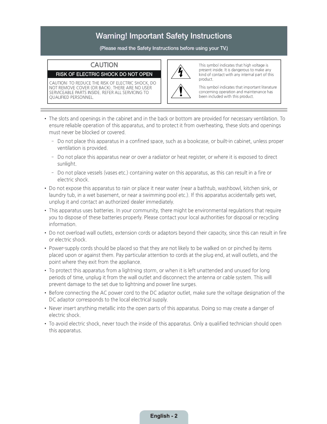 Samsung UN55HU9000 manual Risk of Electric Shock do not Open, English 