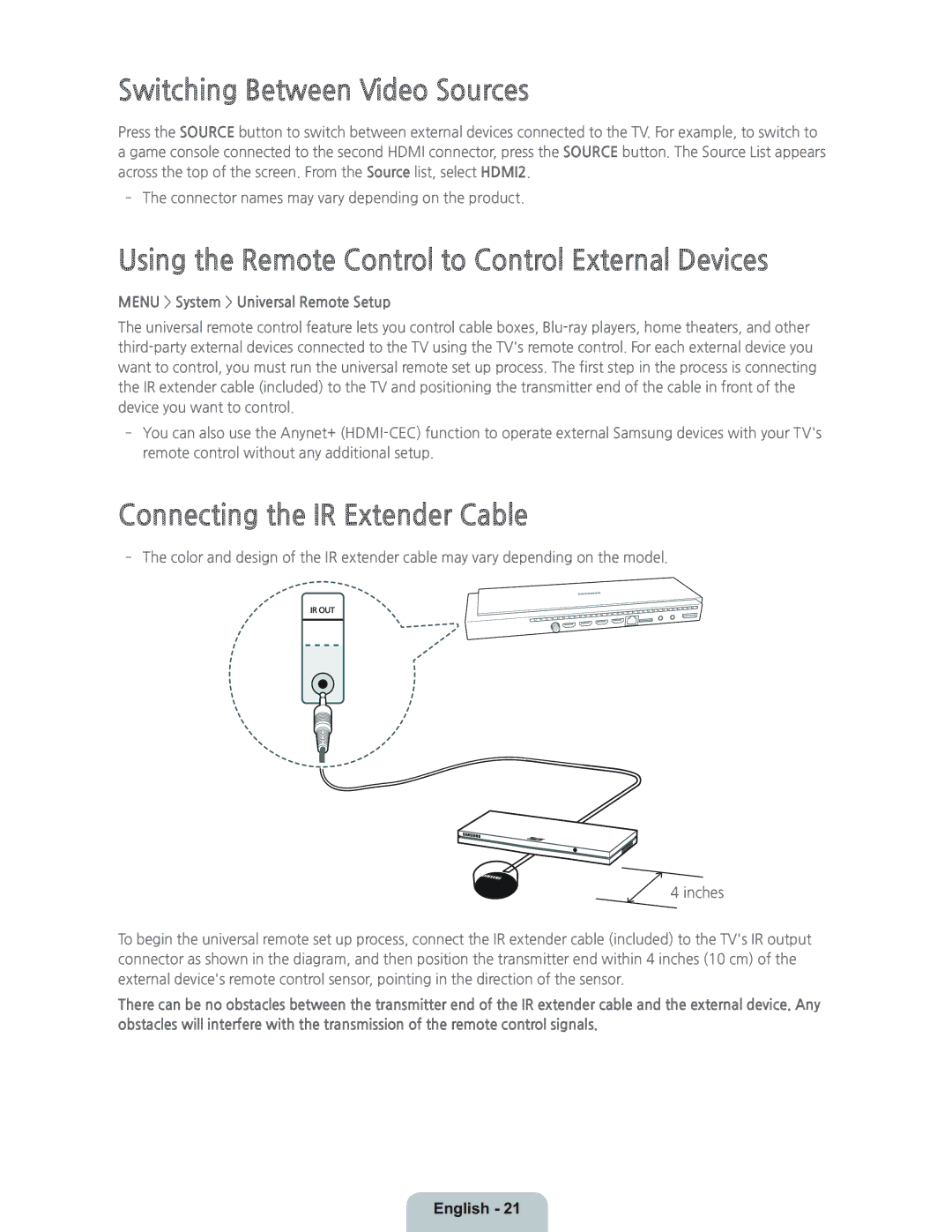 Samsung UN55HU9000 manual Switching Between Video Sources, Using the Remote Control to Control External Devices 