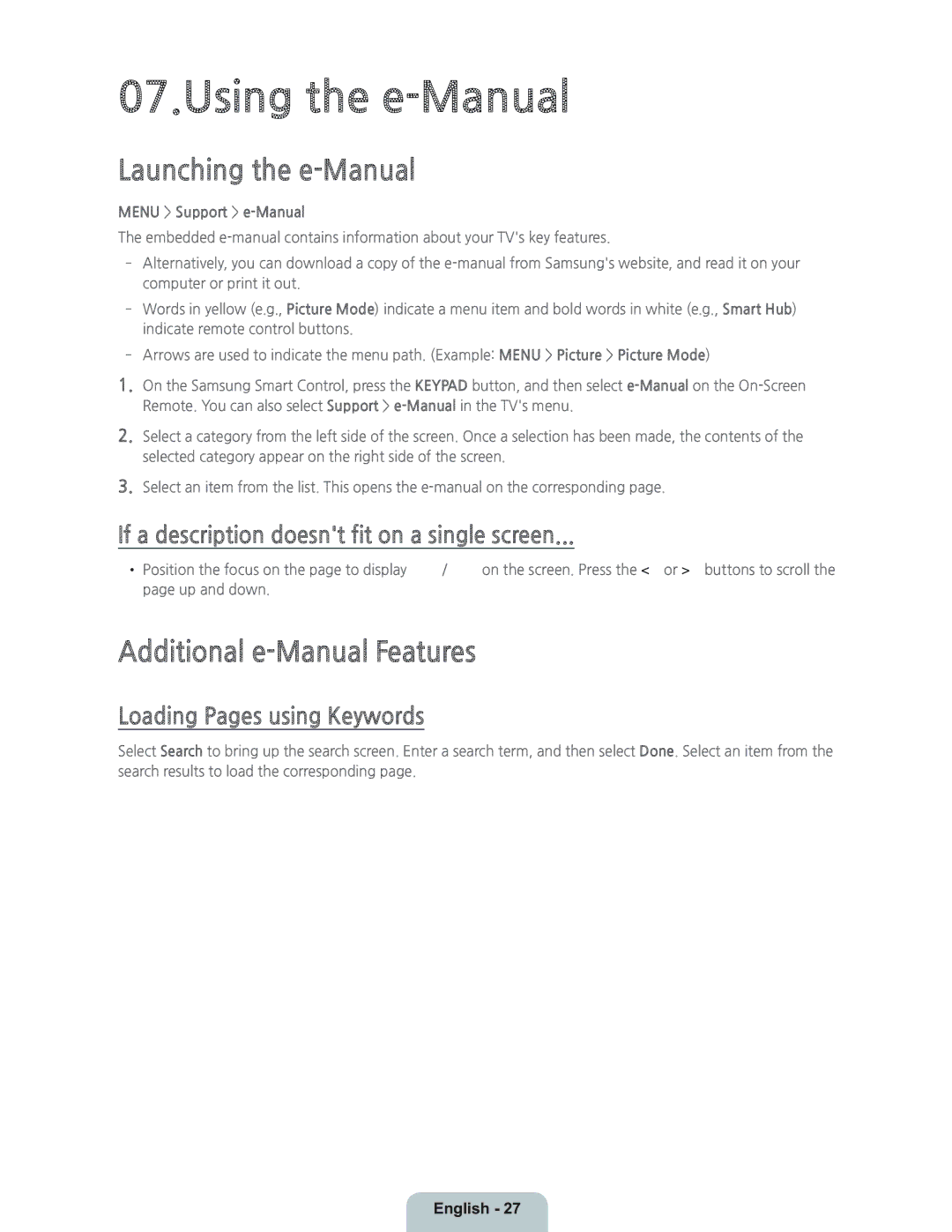 Samsung UN55HU9000 Using the e-Manual, Launching the e-Manual, Additional e-Manual Features, Loading Pages using Keywords 