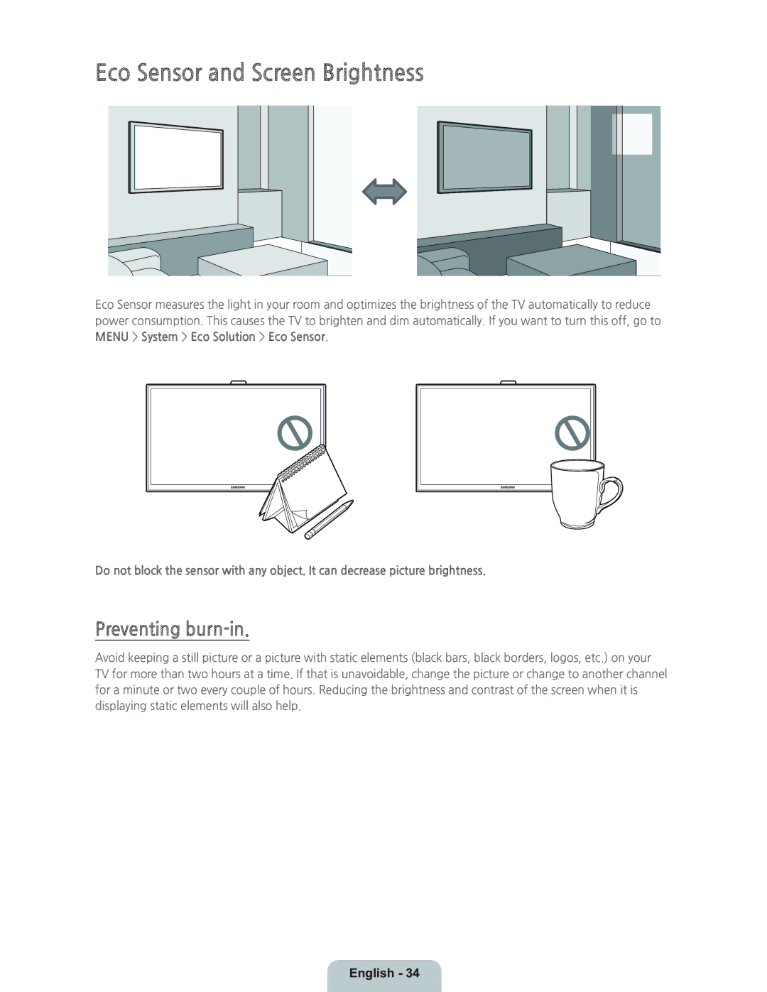 Samsung UN55HU9000 manual Eco Sensor and Screen Brightness, Preventing burn-in 