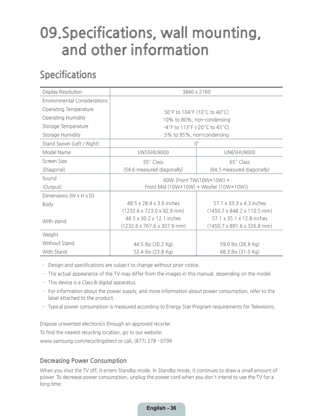 Samsung UN55HU9000 manual Specifications, wall mounting, and other information, Decreasing Power Consumption 