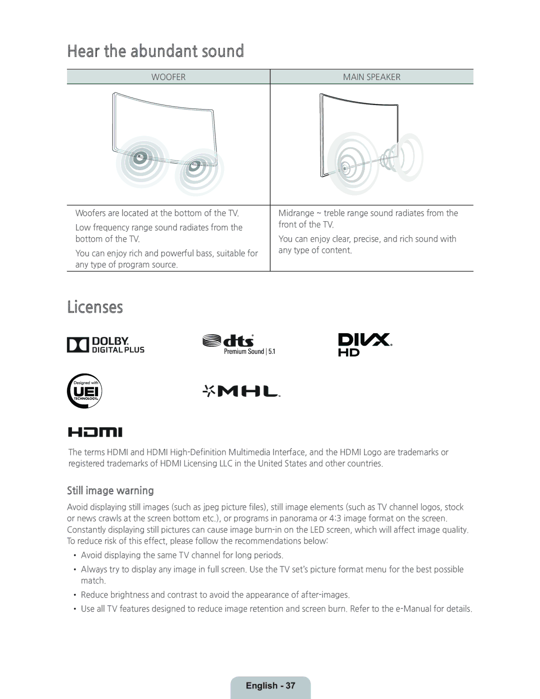 Samsung UN55HU9000 manual Hear the abundant sound, Licenses, Still image warning 