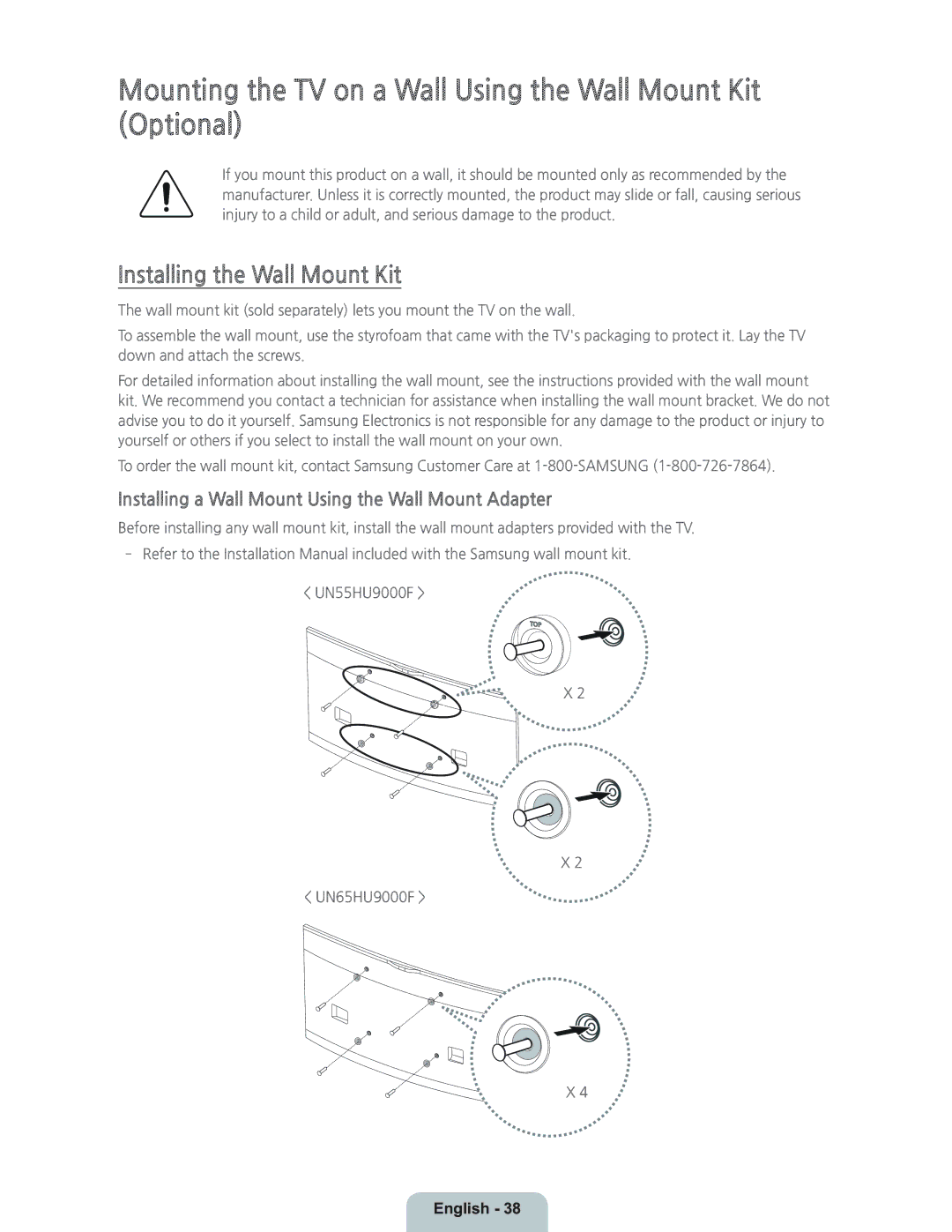 Samsung UN55HU9000 manual Mounting the TV on a Wall Using the Wall Mount Kit Optional, Installing the Wall Mount Kit 