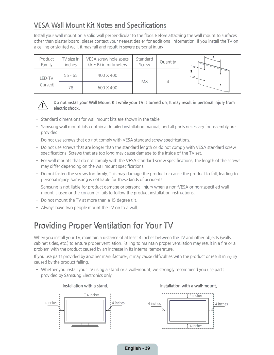 Samsung UN55HU9000 manual Providing Proper Ventilation for Your TV, Vesa Wall Mount Kit Notes and Specifications 