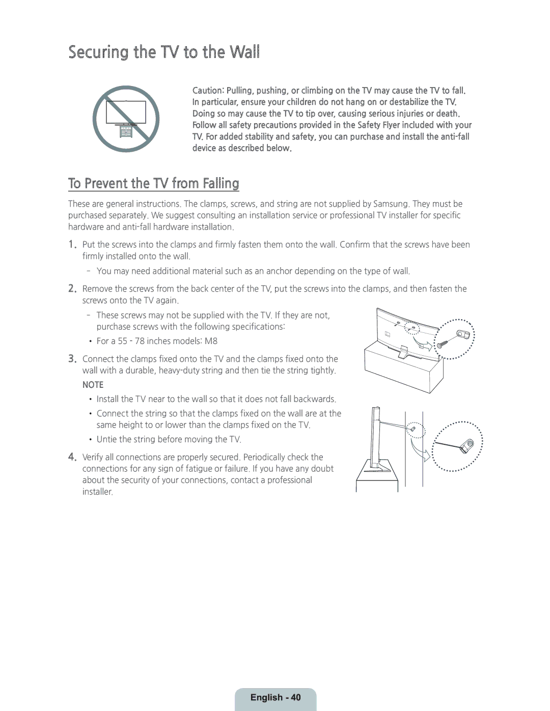 Samsung UN55HU9000 manual Securing the TV to the Wall, To Prevent the TV from Falling 