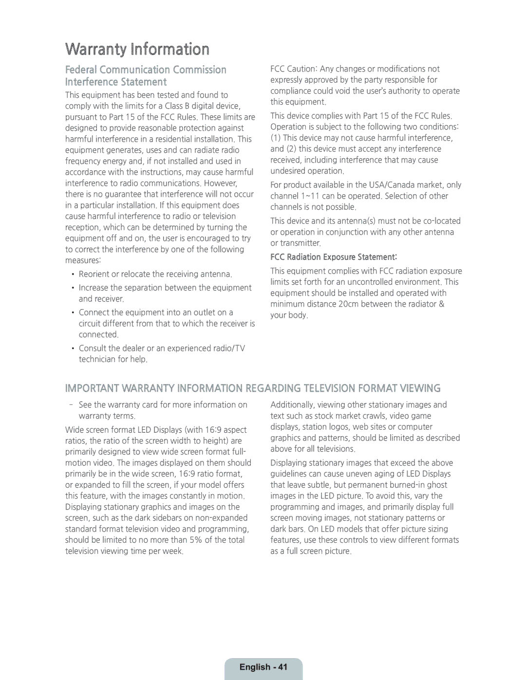 Samsung UN55HU9000 manual Warranty Information, FCC Radiation Exposure Statement 