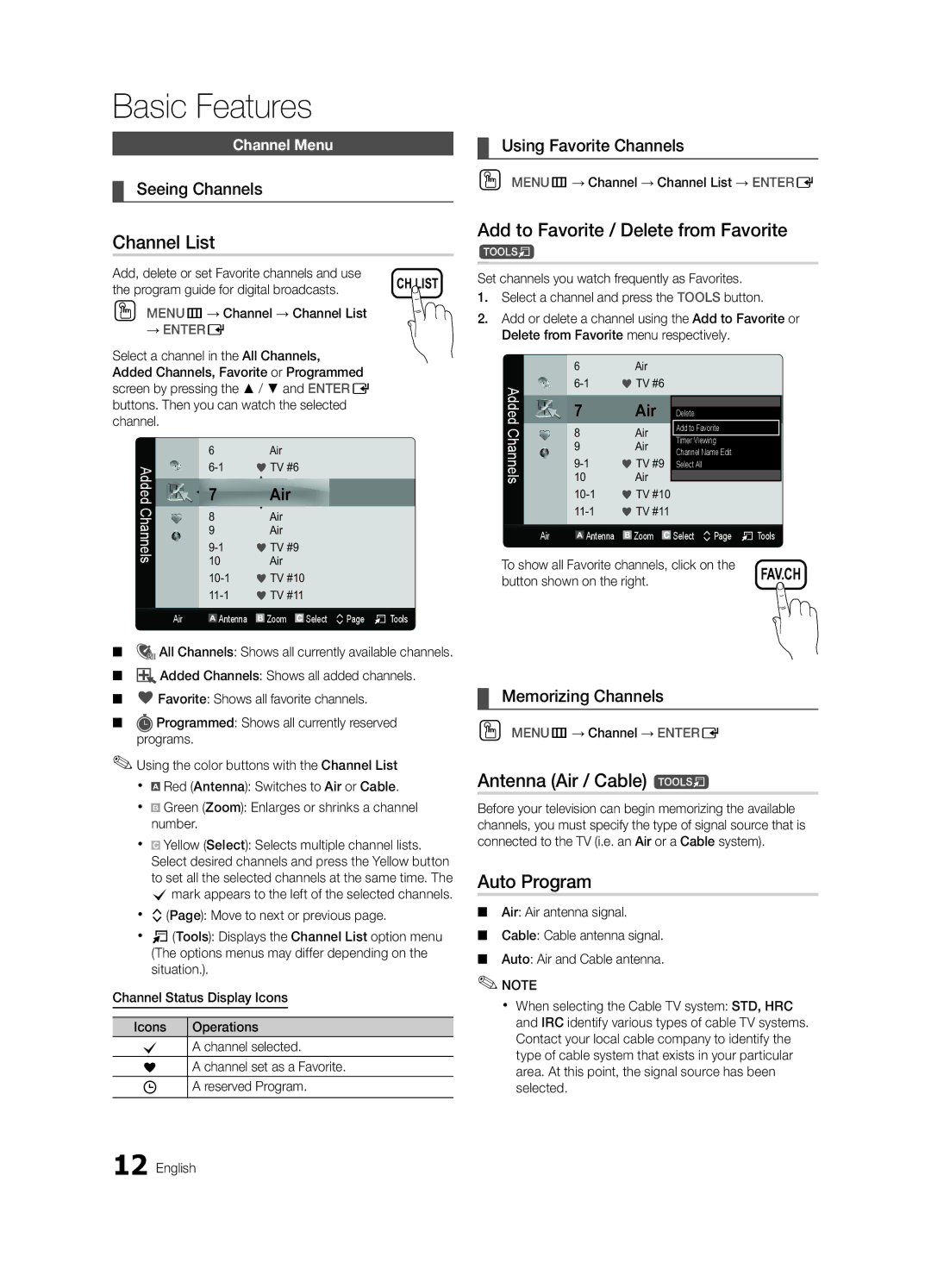 Samsung UN60C6300 user manual Channel List, Add to Favorite / Delete from Favorite, Antenna Air / Cable t, Auto Program 