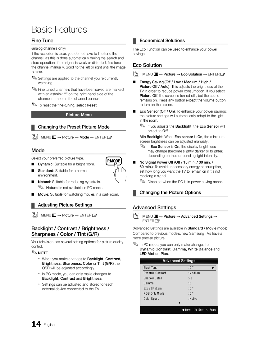 Samsung UN60C6300 user manual Fine Tune, Mode, Eco Solution, Advanced Settings 