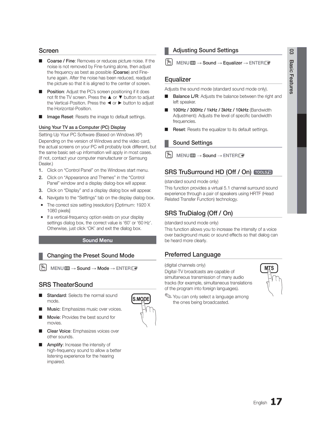 Samsung UN60C6300 user manual Screen, Equalizer, SRS TruSurround HD Off / On t, SRS TruDialog Off / On, SRS TheaterSound 