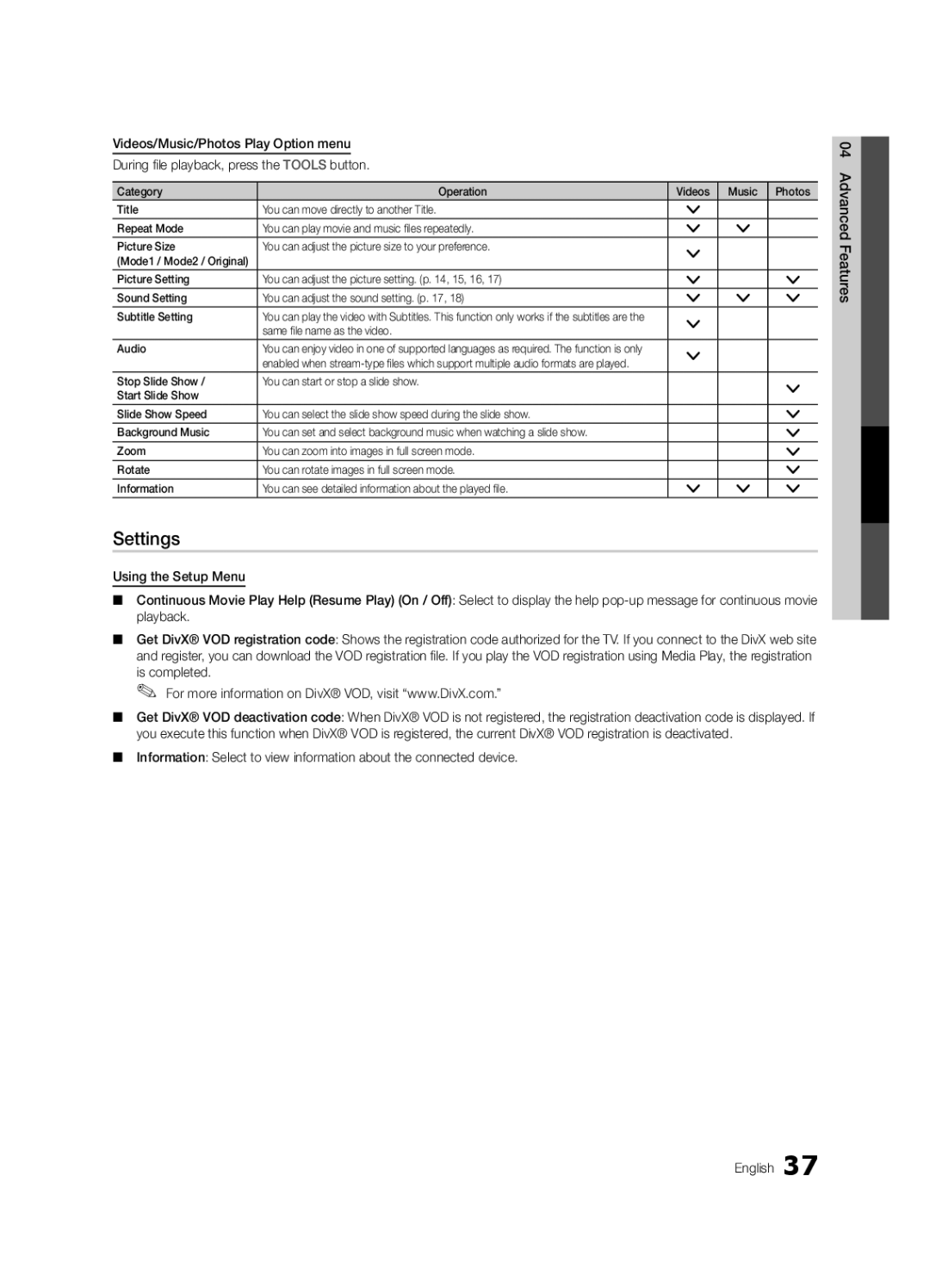 Samsung UN60C6300 user manual Settings, Same file name as the video Audio 