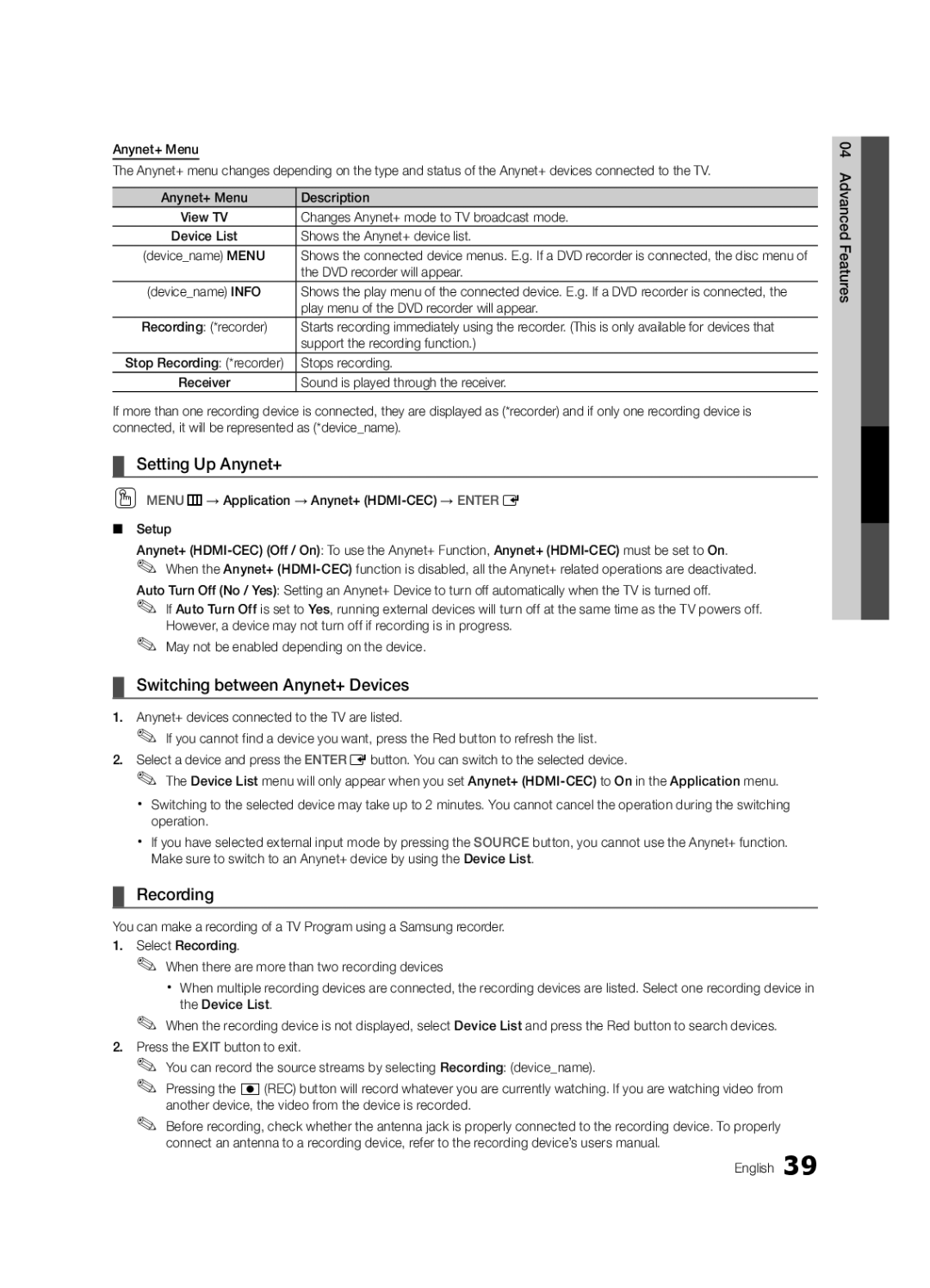 Samsung UN60C6300 user manual Setting Up Anynet+, Switching between Anynet+ Devices, Recording 