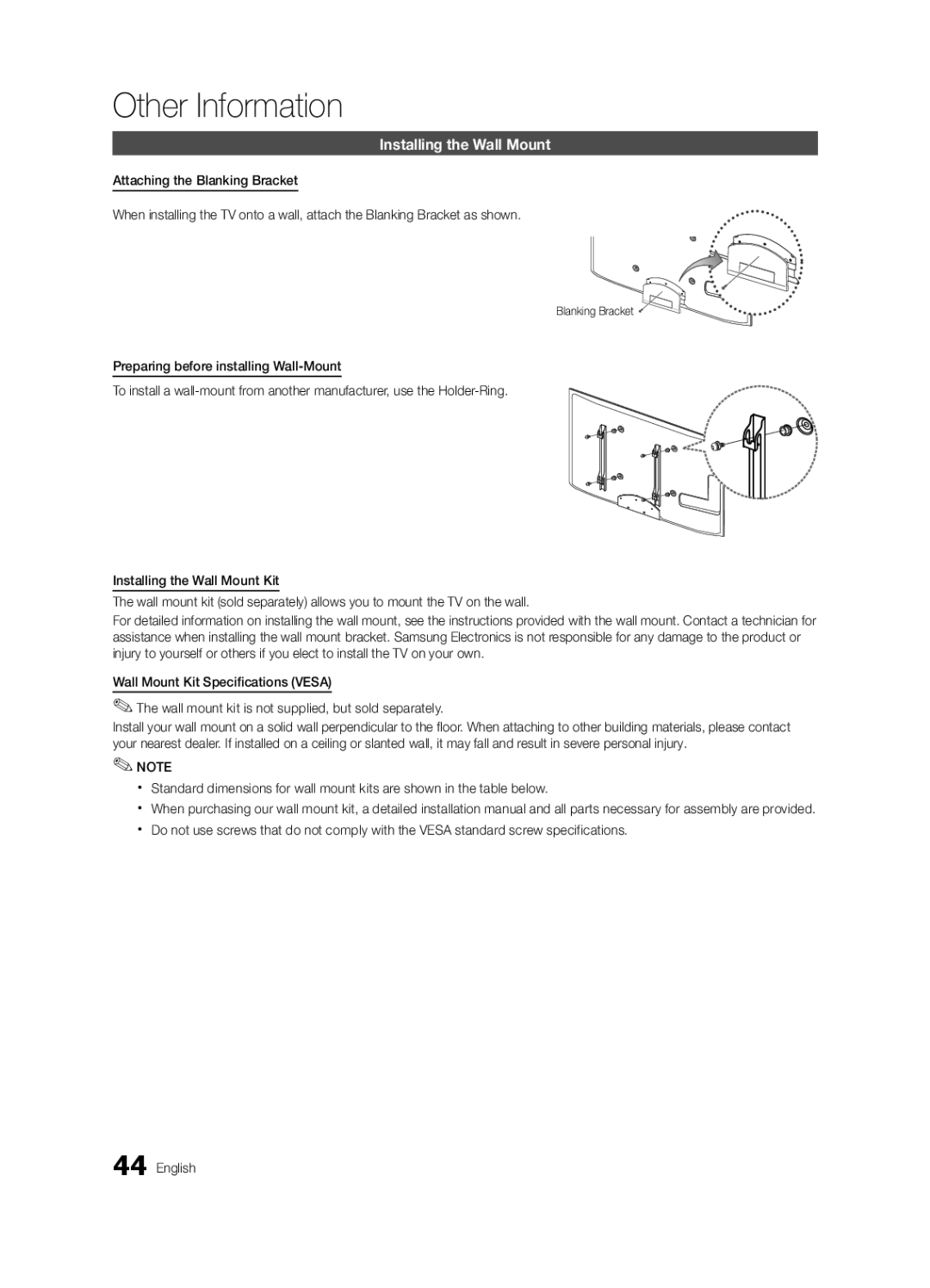 Samsung UN60C6300 user manual Installing the Wall Mount, Blanking Bracket 