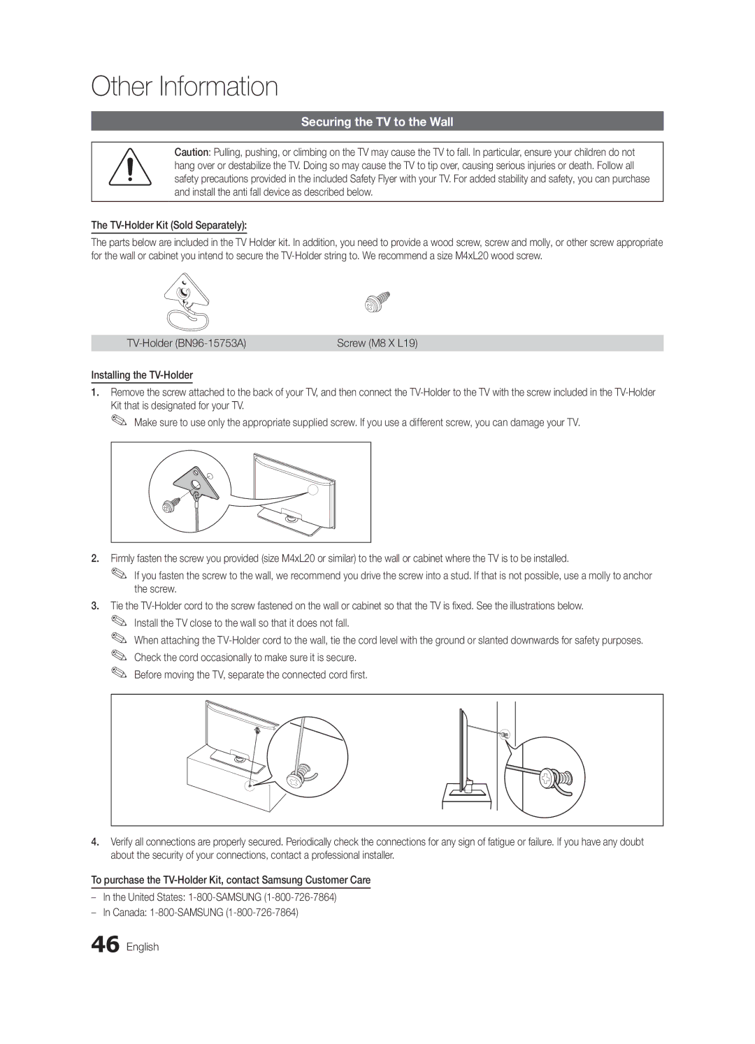 Samsung UN60C6300 Securing the TV to the Wall, TV-Holder Kit Sold Separately, TV-Holder BN96-15753A, Screw M8 X L19 