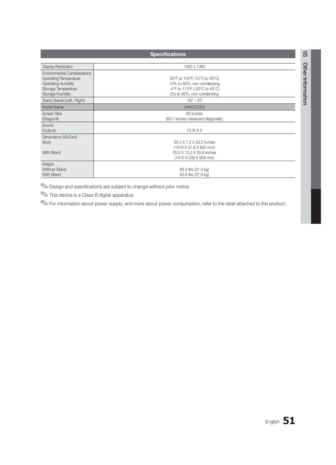 Samsung UN60C6300 user manual Specifications 