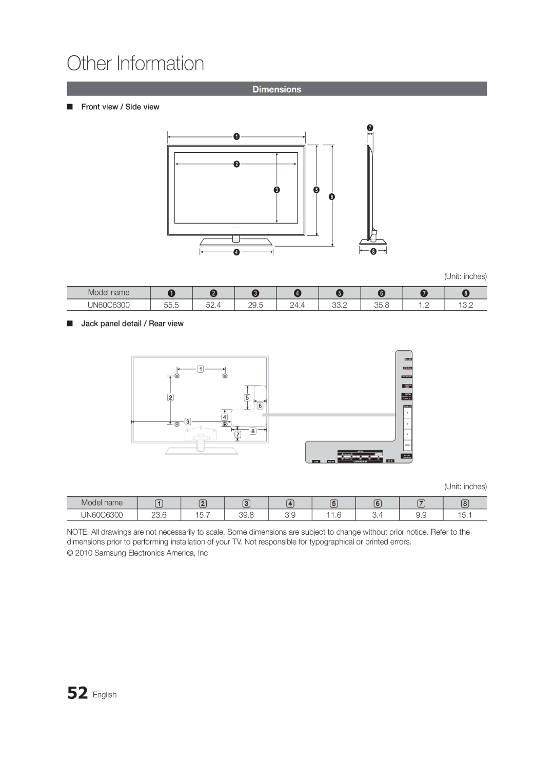 Samsung UN60C6300 user manual Dimensions, Front view / Side view, Unit inches 