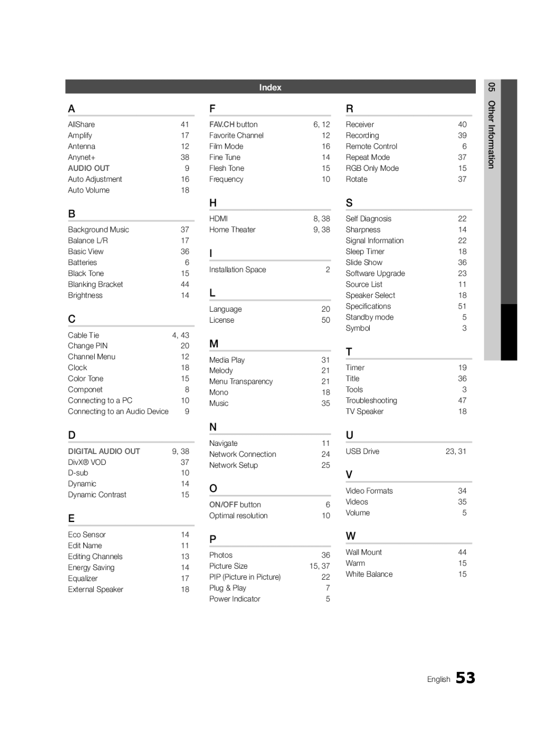 Samsung UN60C6300 Index, AllShare Amplify Antenna Anynet+, Favorite Channel Film Mode Fine Tune Flesh Tone Frequency 