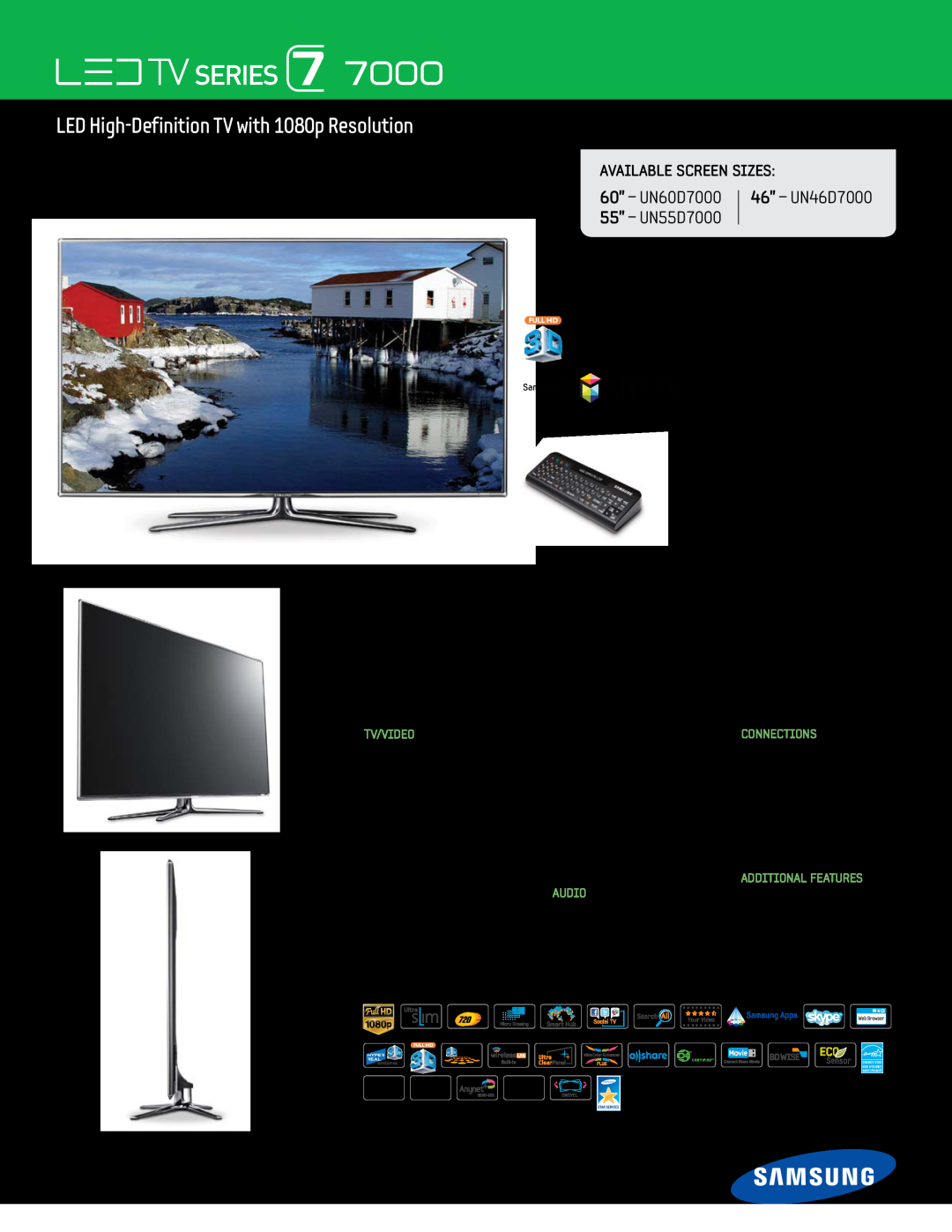 Samsung UN55D7000 manual 46” - UN46D7000, LED High-Definition TV with 1080p Resolution, Available Screen Sizes, Tv/Video 