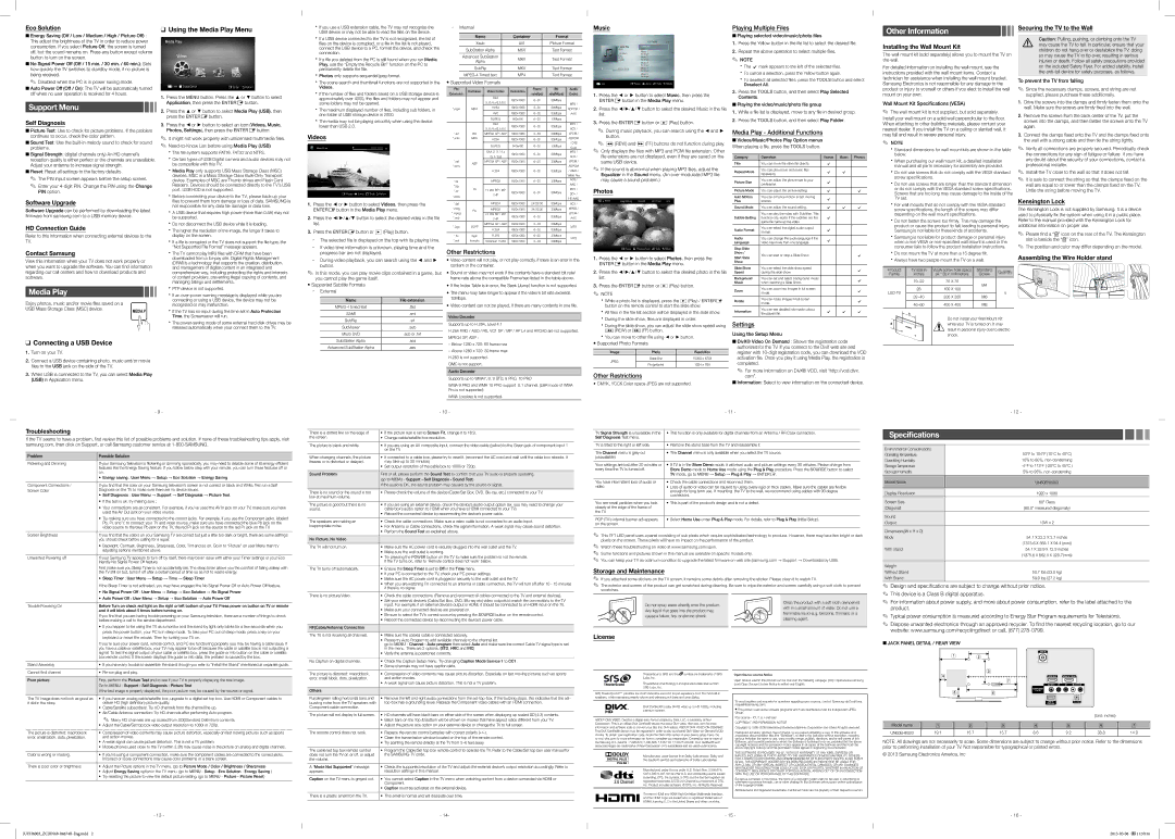 Samsung UN60EH6003 Eco Solution, Self Diagnosis, Software Upgrade HD Connection Guide, Contact Samsung, Videos, Music 