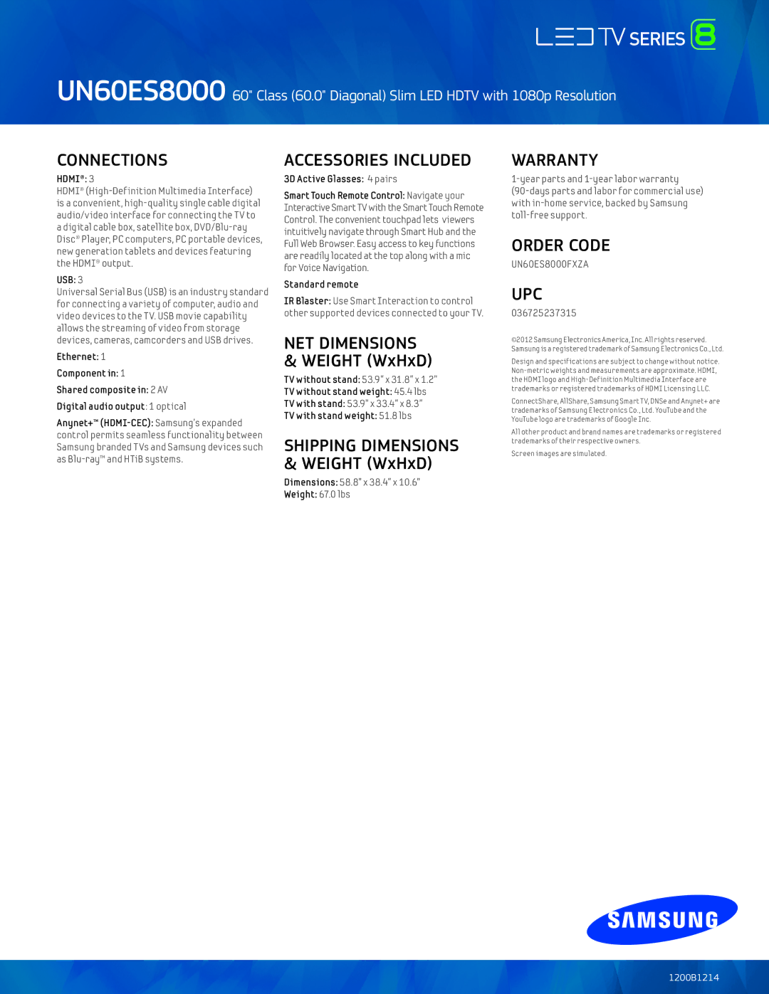 Samsung UN60ES8000 manual Connections, Warranty, Order Code, Upc 