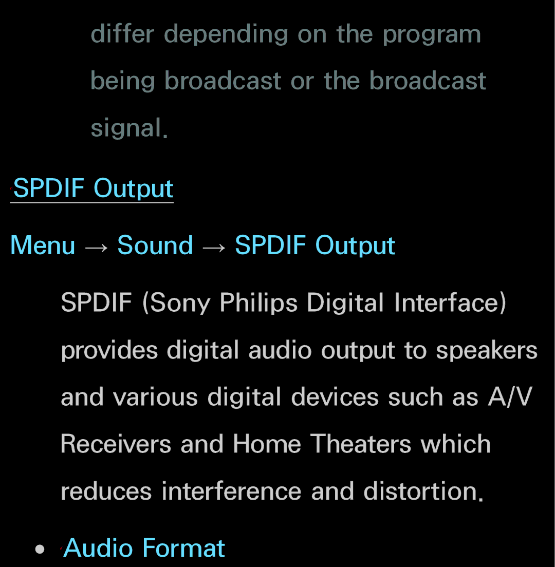 Samsung UN55ES6150, UN60FH6200 manual ℓSPDIF Output Menu → Sound → Spdif Output 