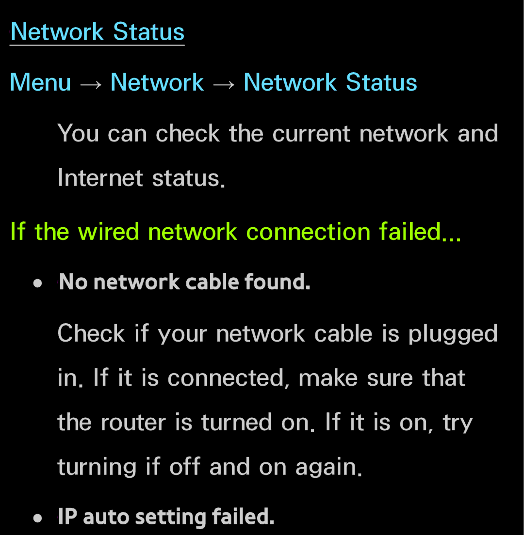 Samsung UN55ES6150, UN60FH6200 manual You can check the current network and Internet status, No network cable found 