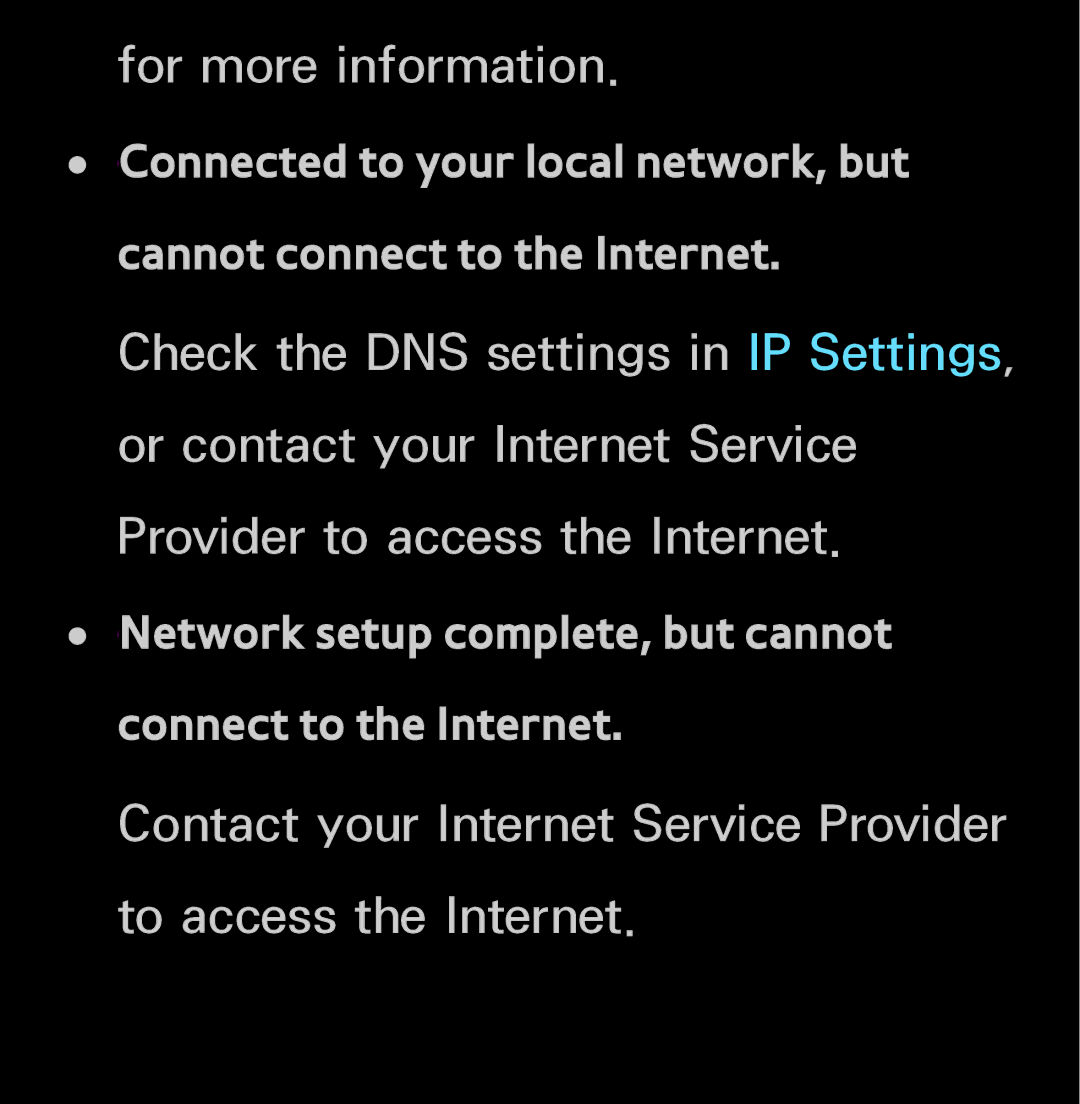 Samsung UN55ES6150, UN60FH6200 manual Network setup complete, but cannot connect to the Internet 