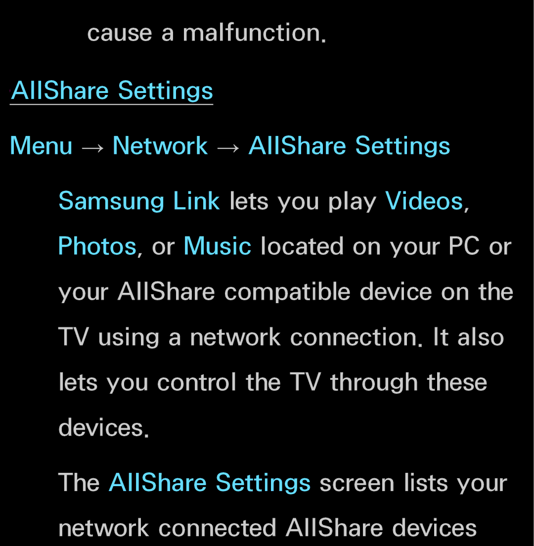 Samsung UN60FH6200, UN55ES6150 manual Cause a malfunction. AllShare Settings 