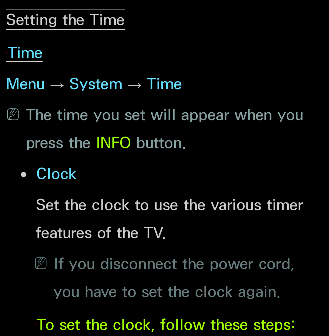 Samsung UN55ES6150, UN60FH6200 manual Setting the Time ℓTime, Set the clock to use the various timer features of the TV 